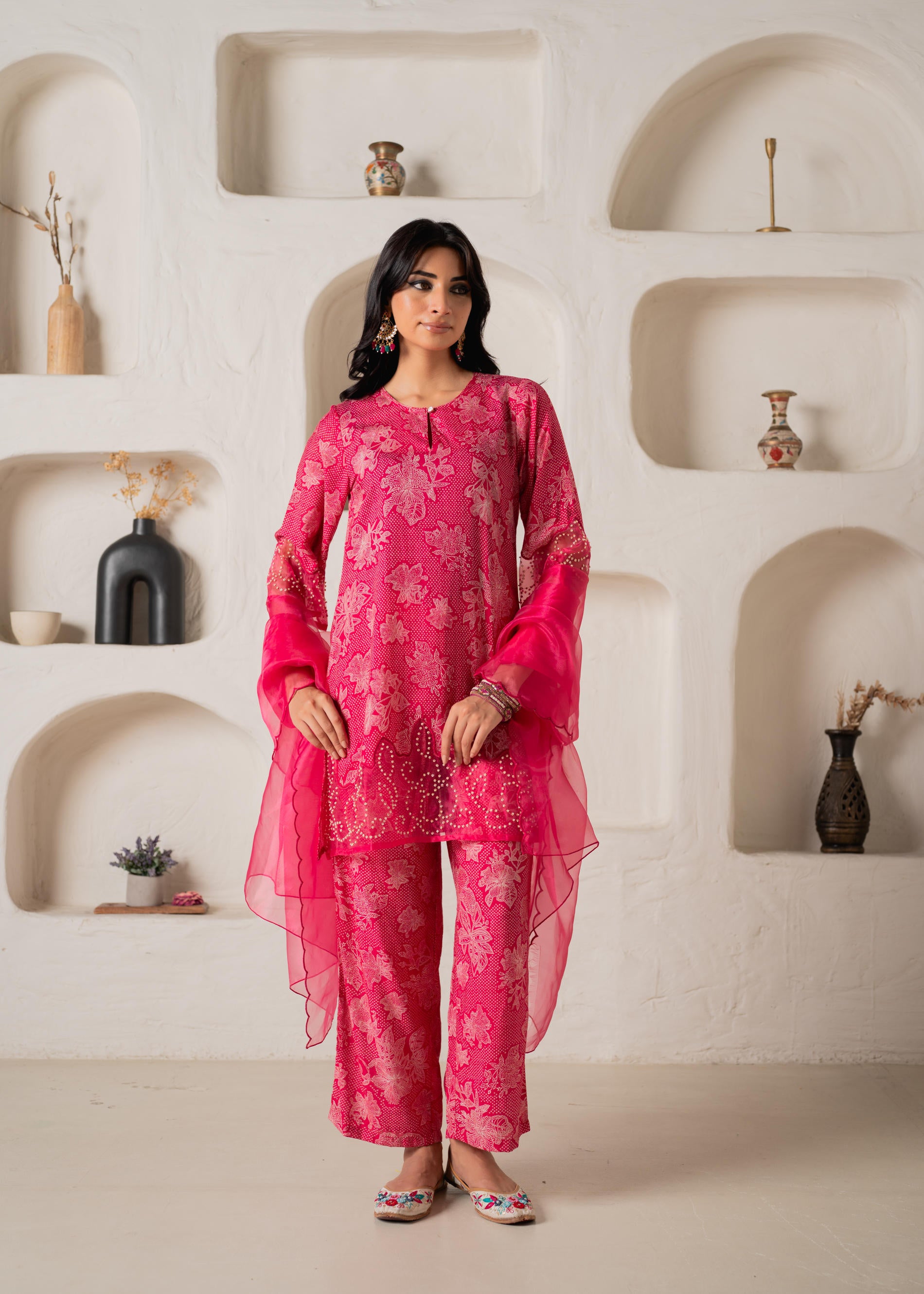 Fuchsia Floral Embellished A-Line Kurta Pant and Dupatta Set with Beads & Sequence Work