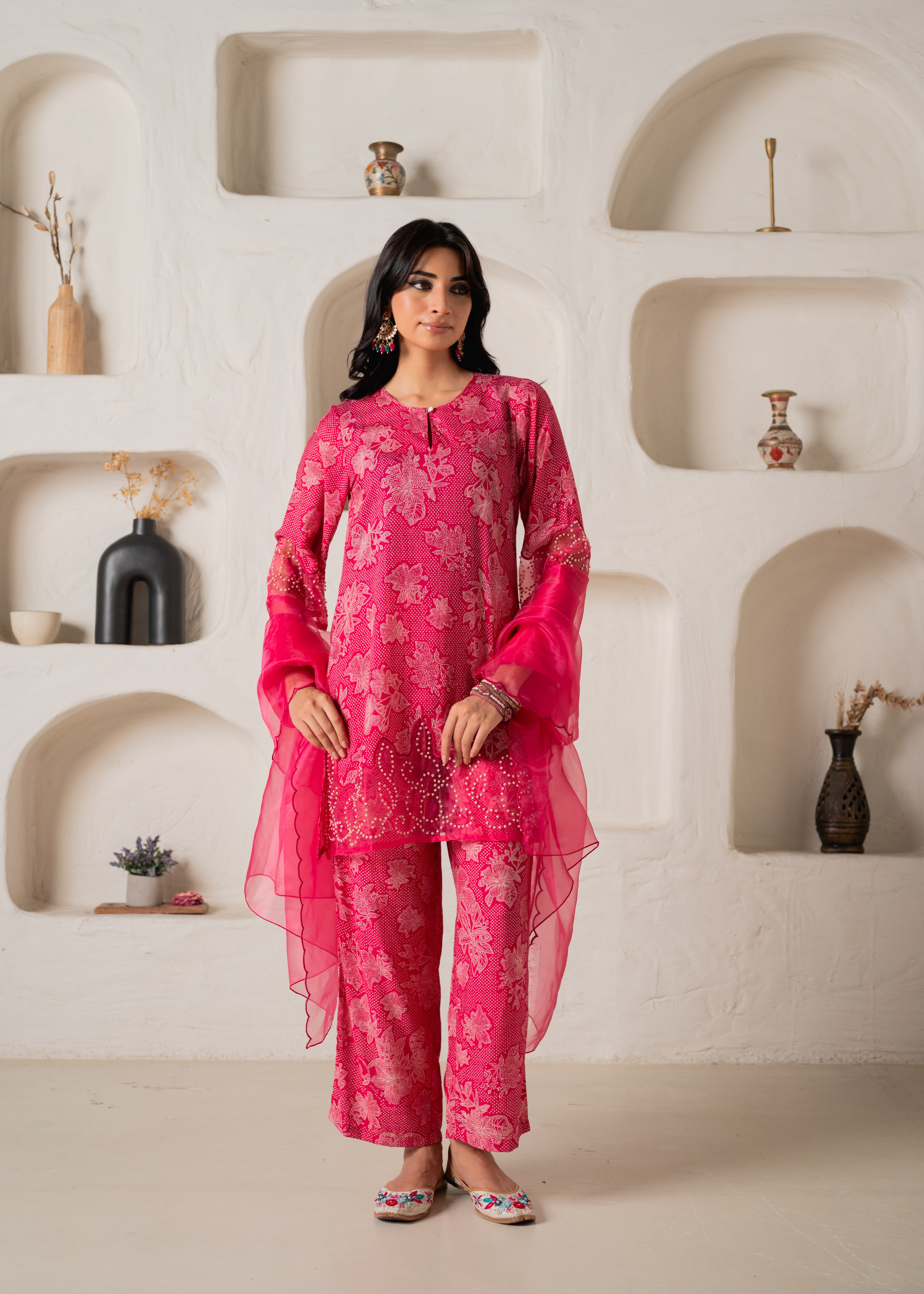 Mustard Floral Embellished A-Line Kurta Pant and Dupatta Set with Beads & Sequence Work