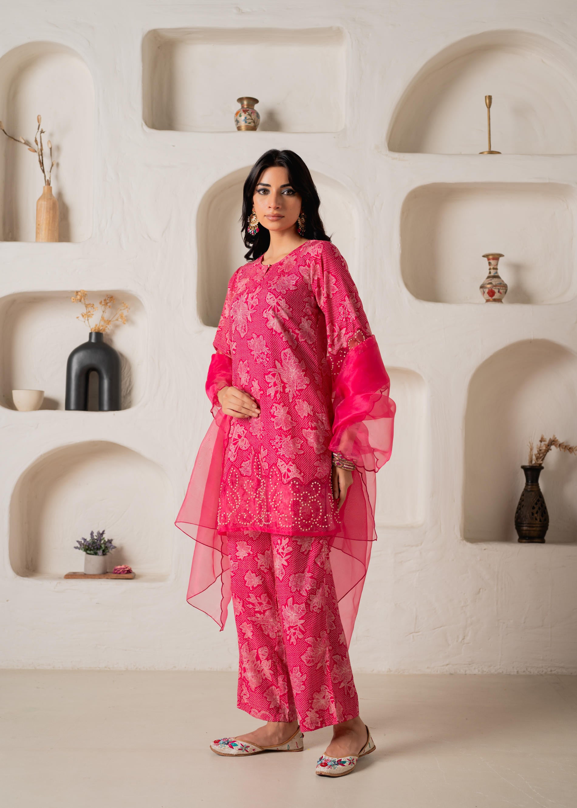 Fuchsia Floral Embellished A-Line Kurta Pant and Dupatta Set with Beads & Sequence Work