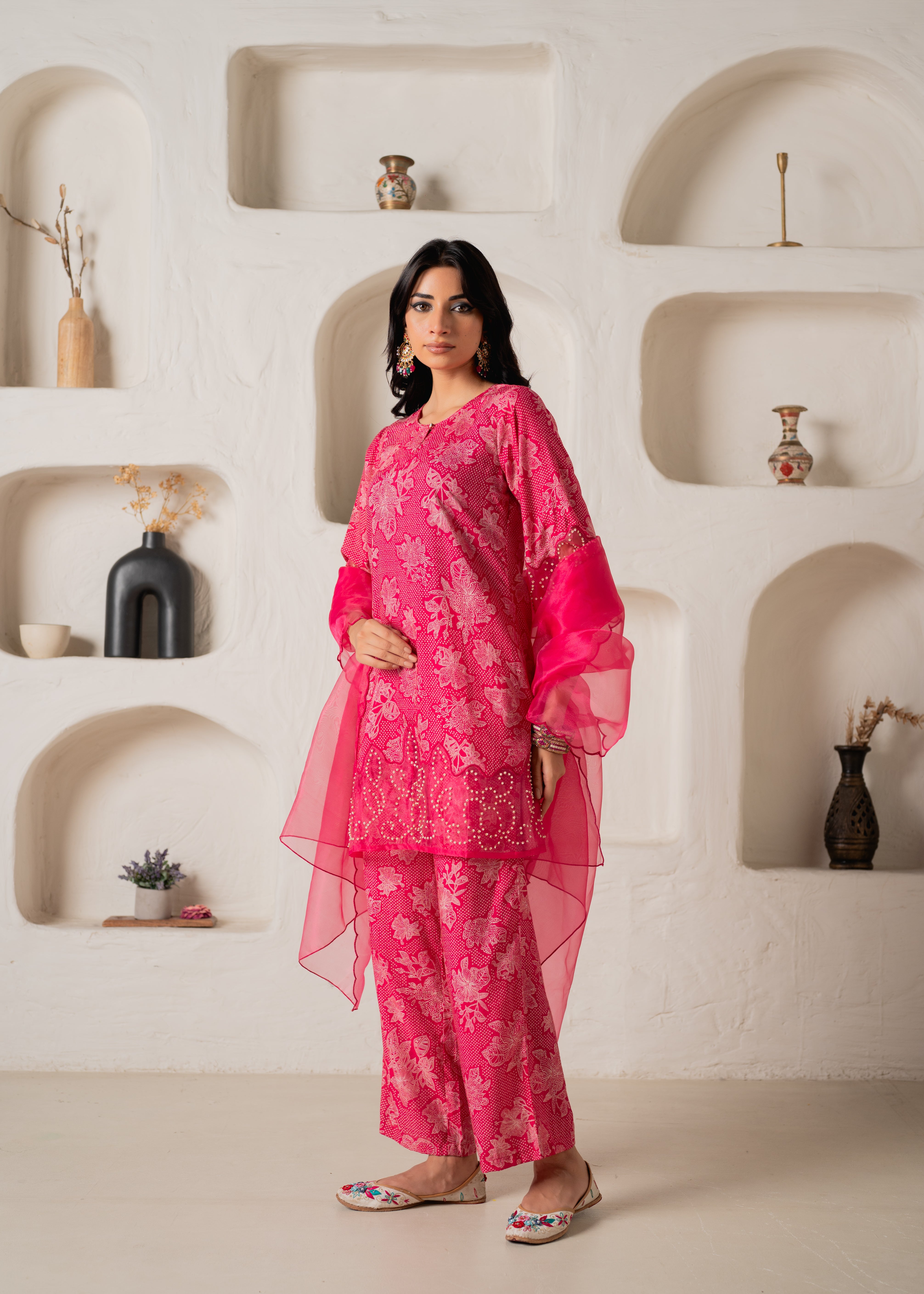 Mustard Floral Embellished A-Line Kurta Pant and Dupatta Set with Beads & Sequence Work