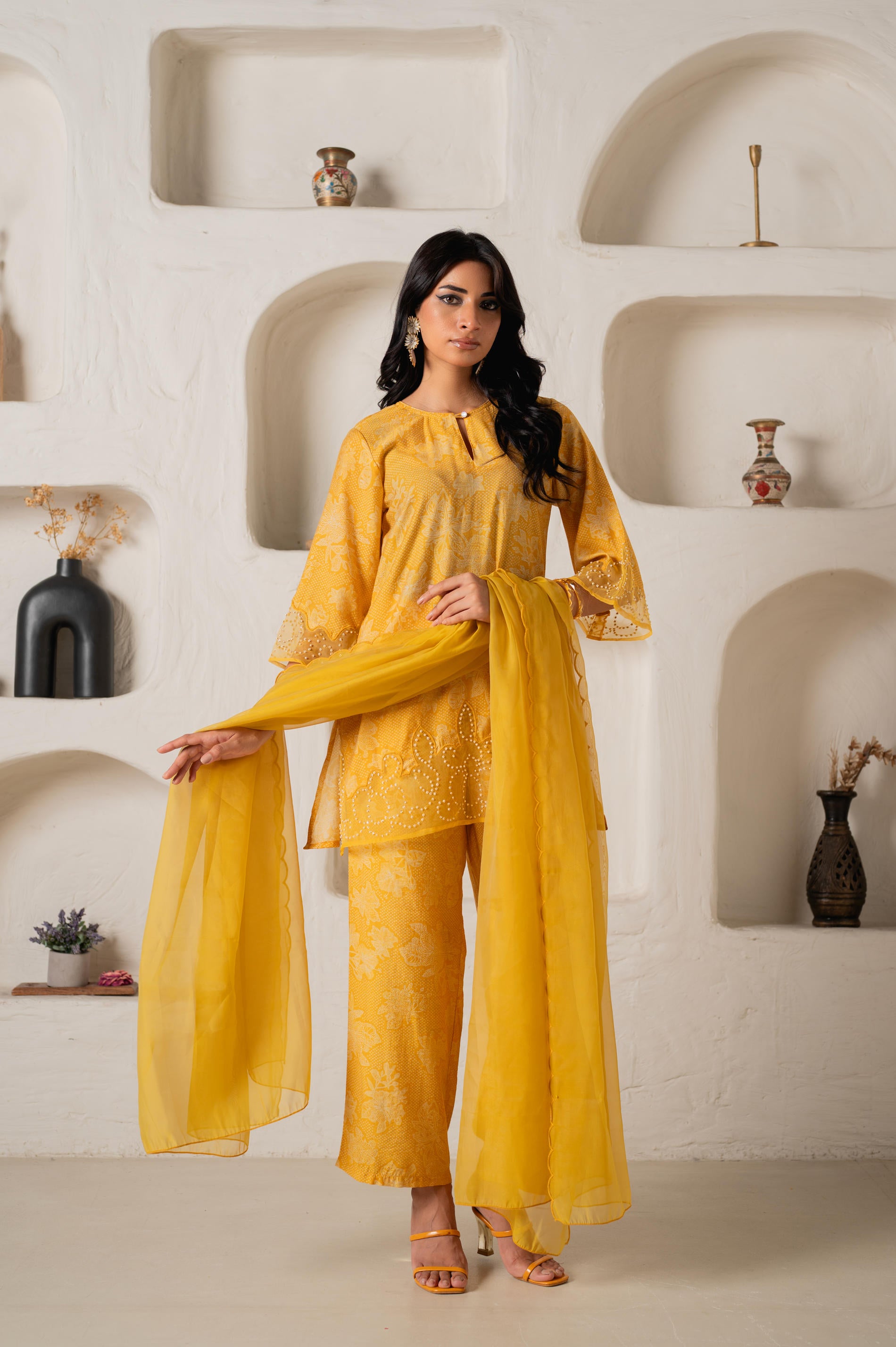 Mustard Floral Embellished A-Line Kurta Pant and Dupatta Set with Beads & Sequence Work