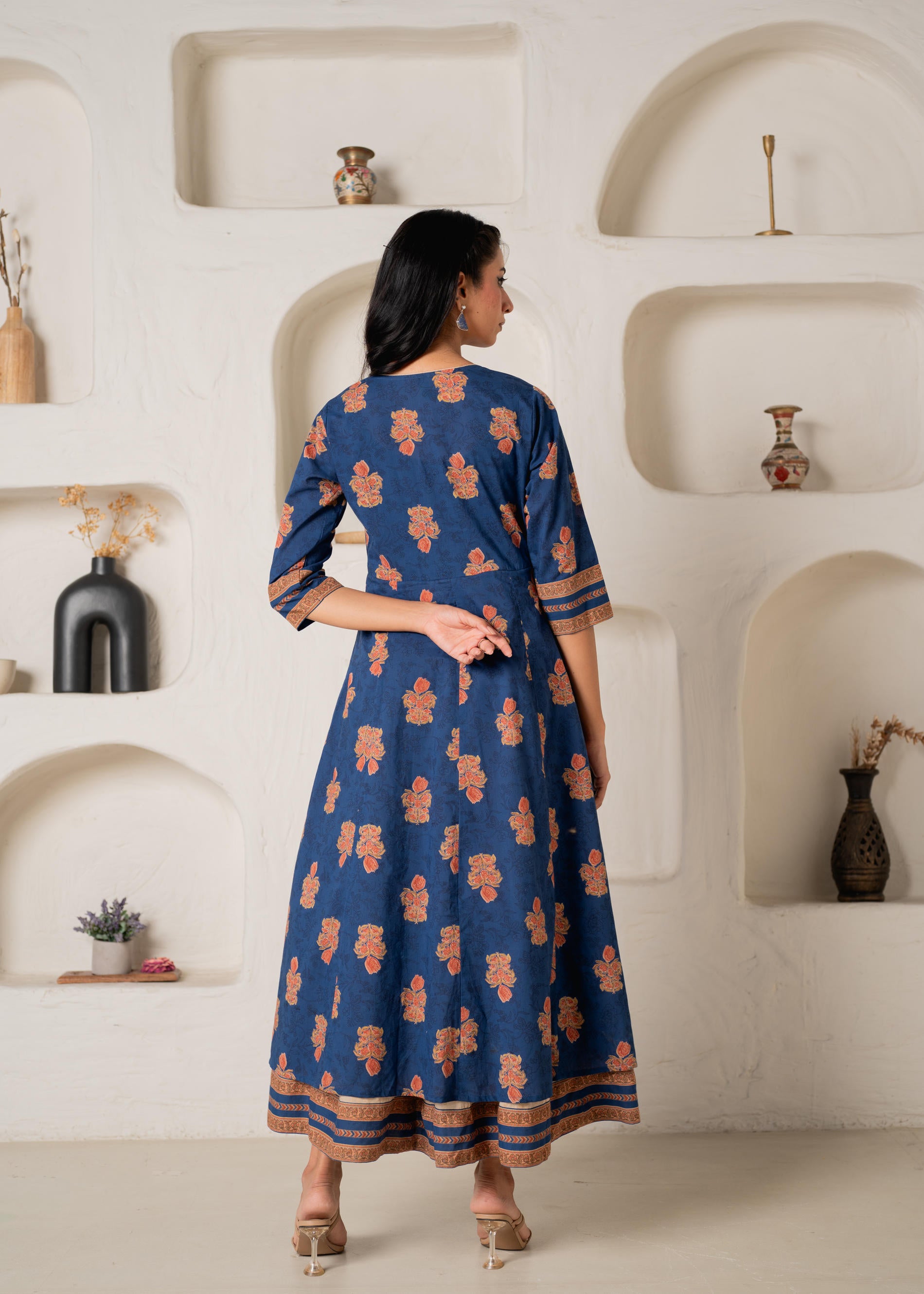 Cotton Blue Floral Printed Long Dress with Buttons