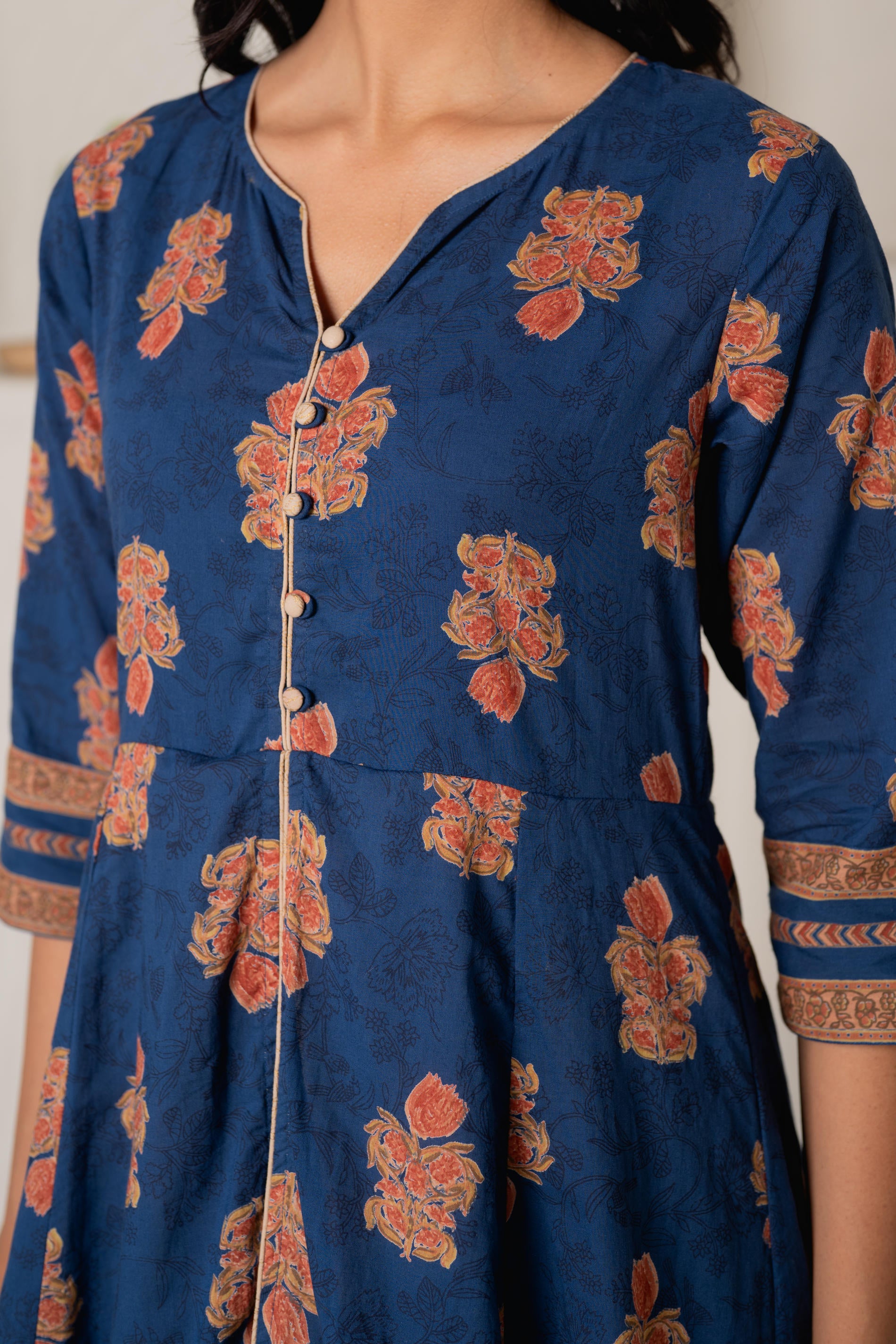Cotton Blue Floral Printed Long Dress with Buttons