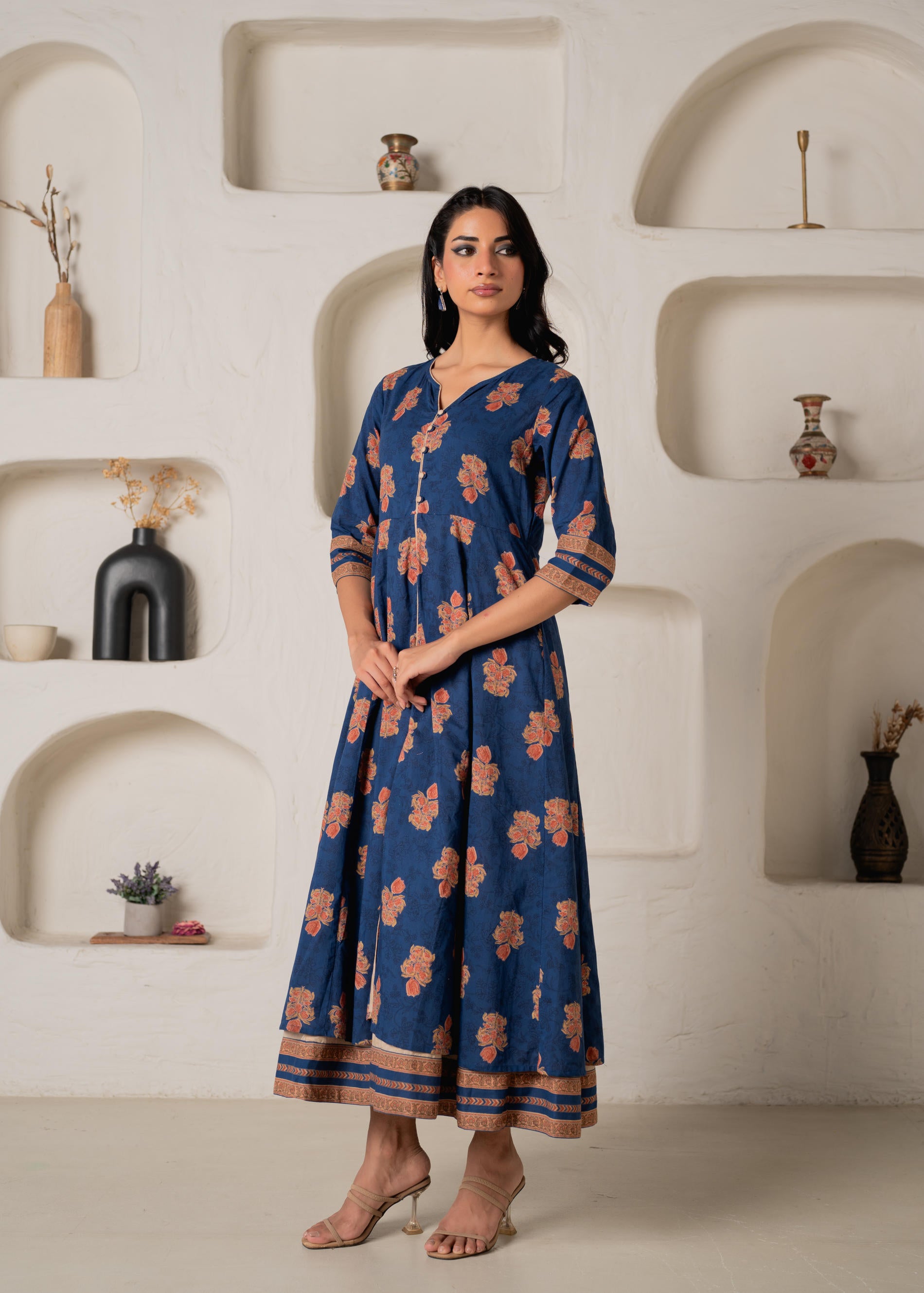 Cotton Blue Floral Printed Long Dress with Buttons