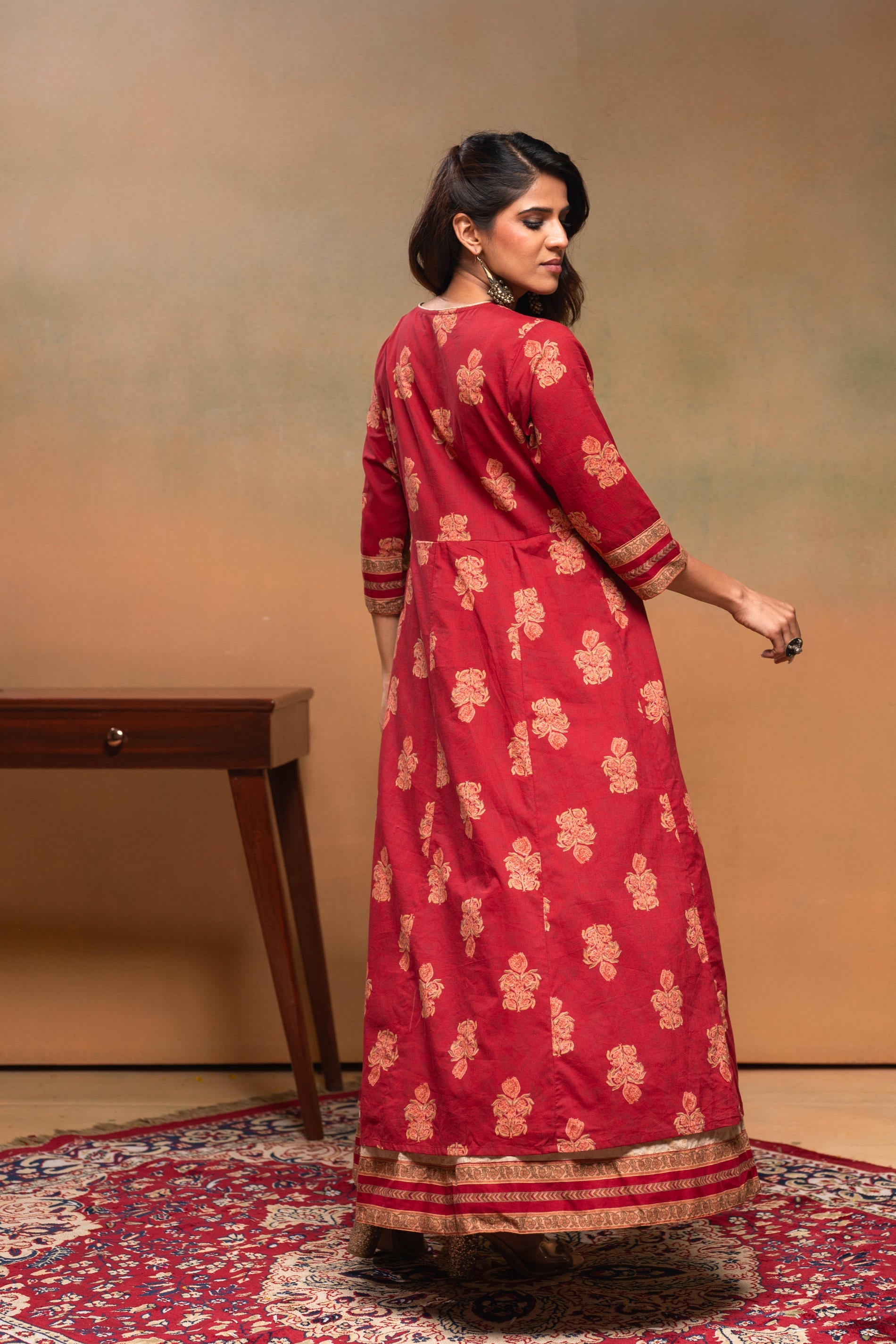 Cotton Maroon Floral Printed Long Dress with Buttons