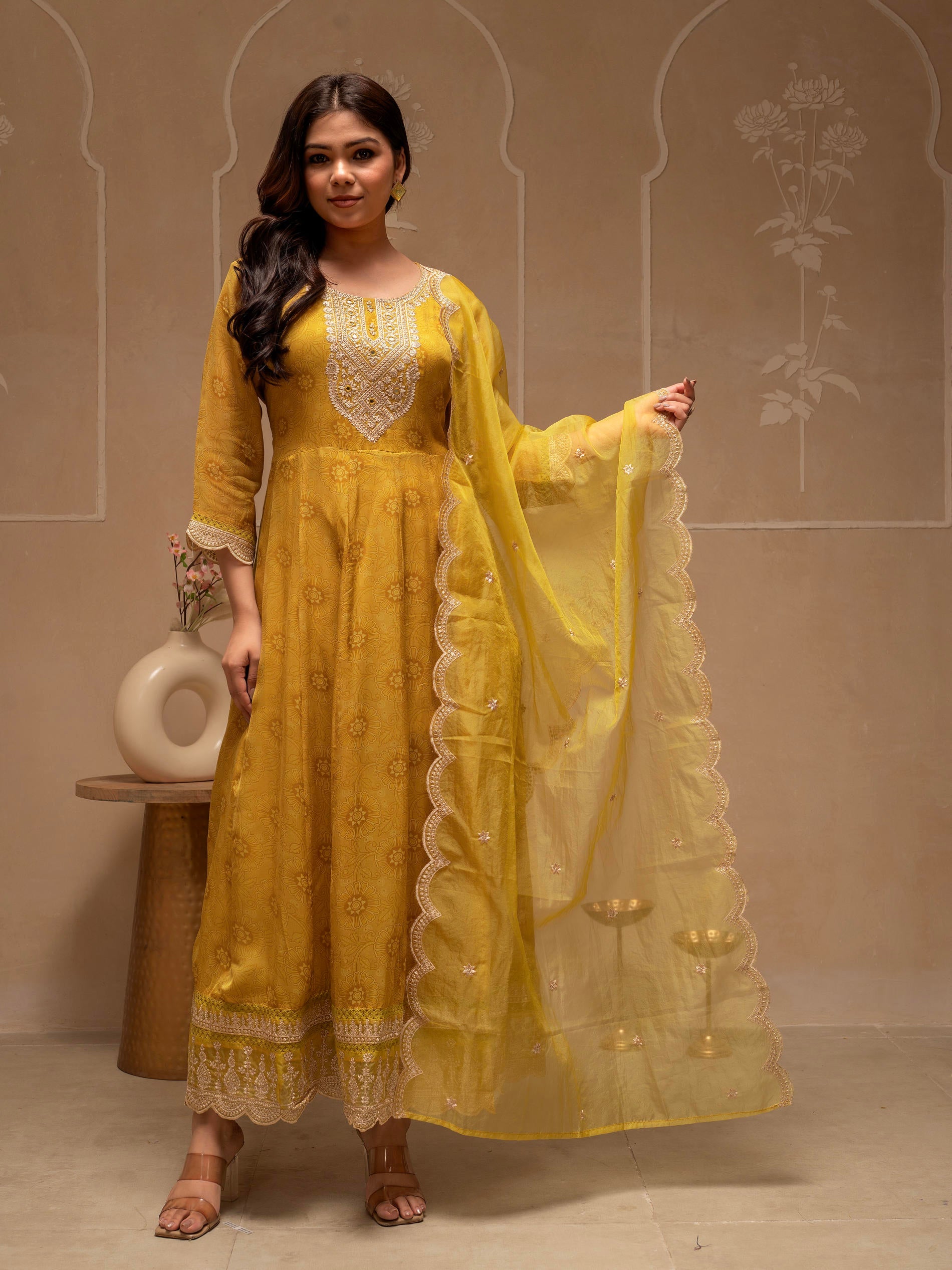 Yellow Floral Viscose Kurta, Pants and Dupatta Set with Mirror, Thread Work and Sequence