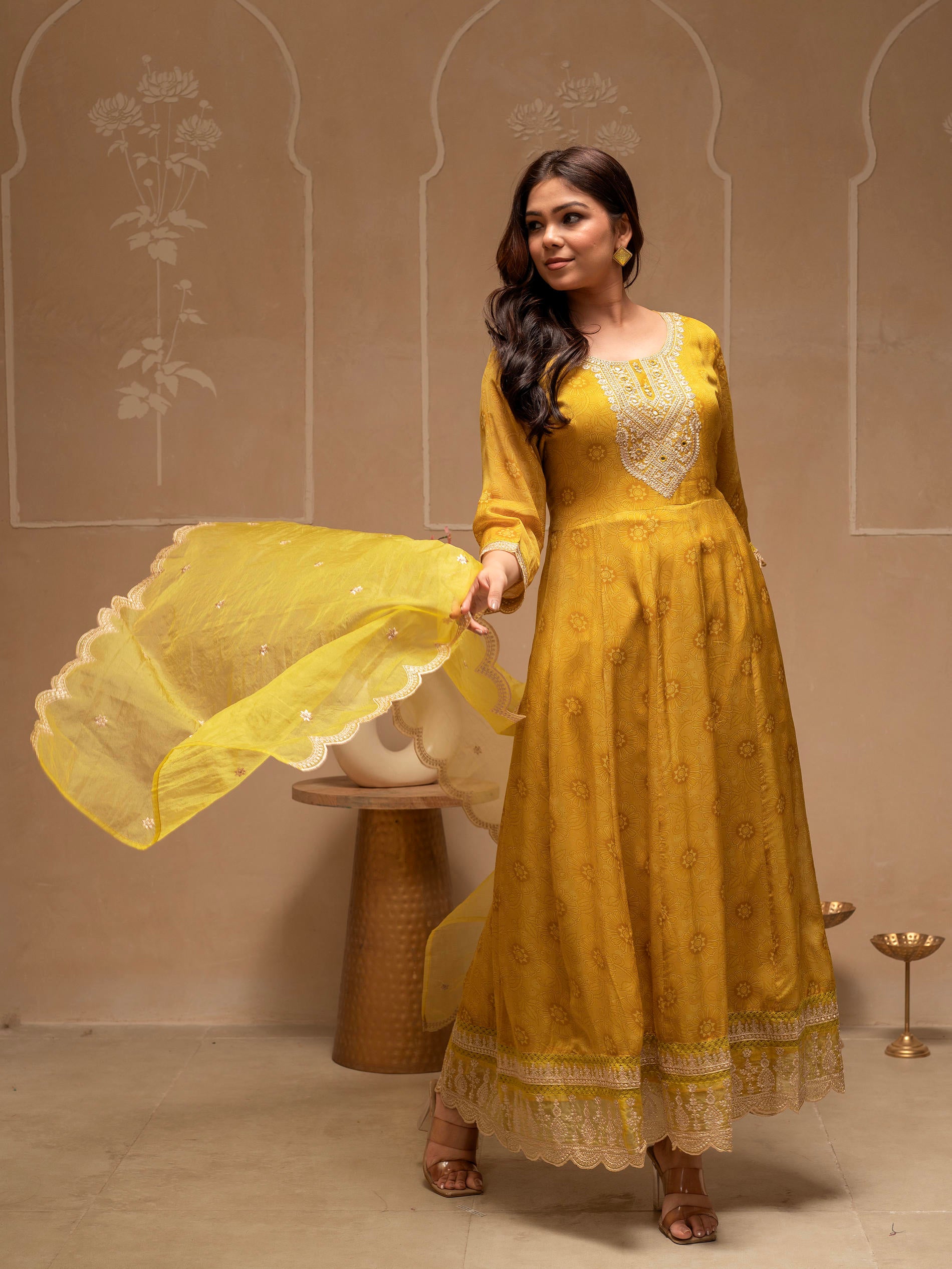 Yellow Floral Viscose Kurta, Pants and Dupatta Set with Mirror, Thread Work and Sequence