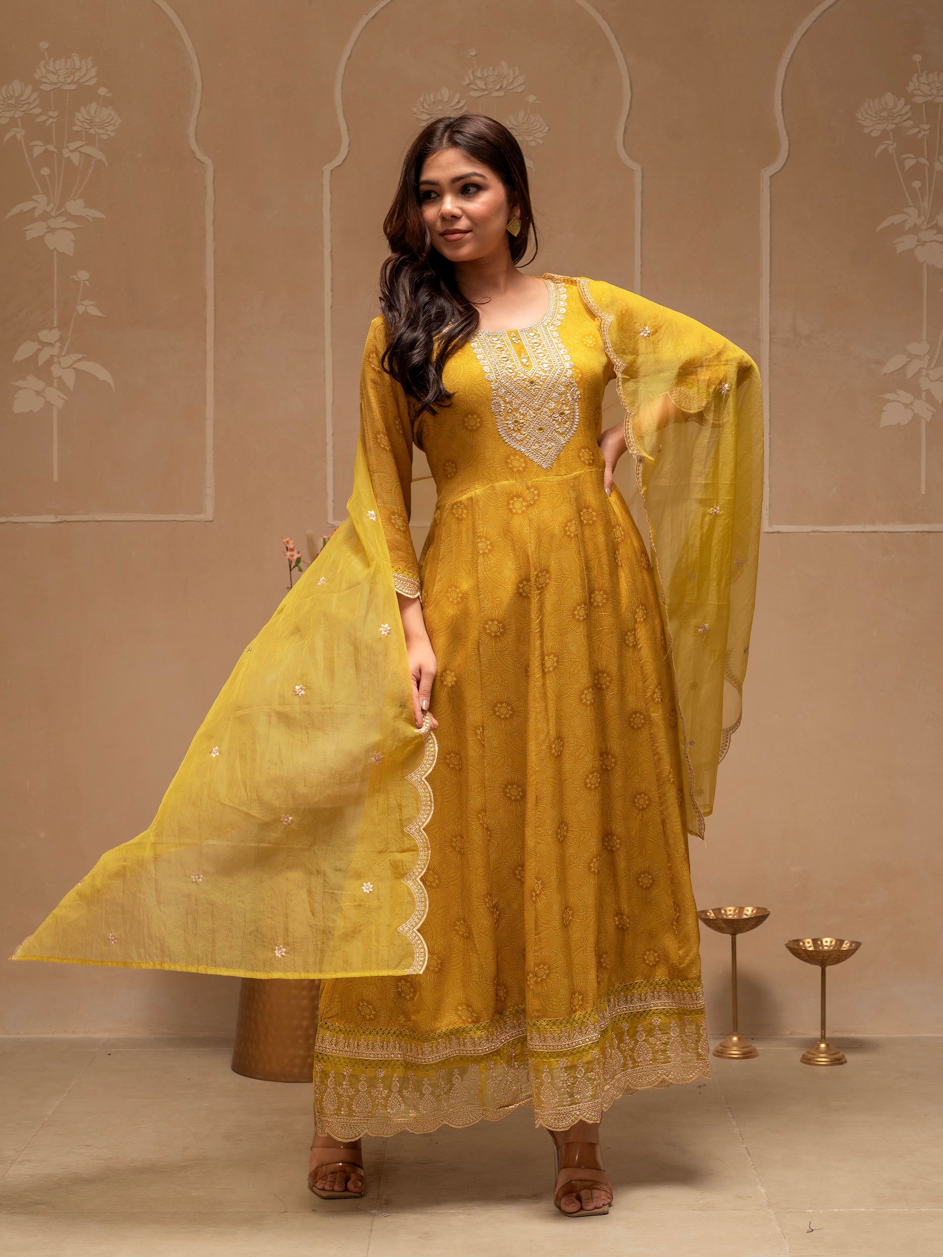 Yellow Floral Viscose Kurta, Pants and Dupatta Set with Mirror, Thread Work and Sequence