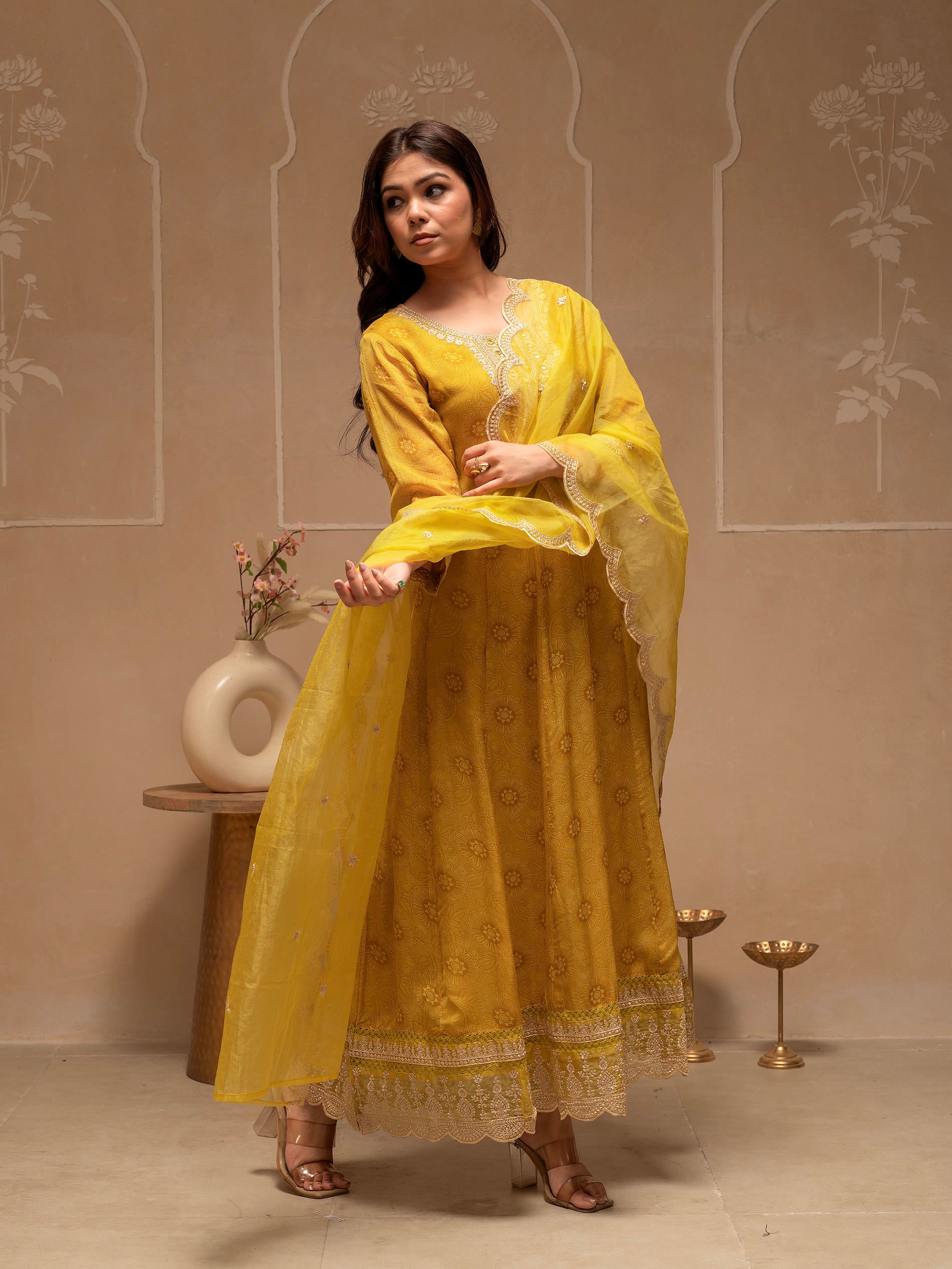 Yellow Floral Viscose Kurta, Pants and Dupatta Set with Mirror, Thread Work and Sequence