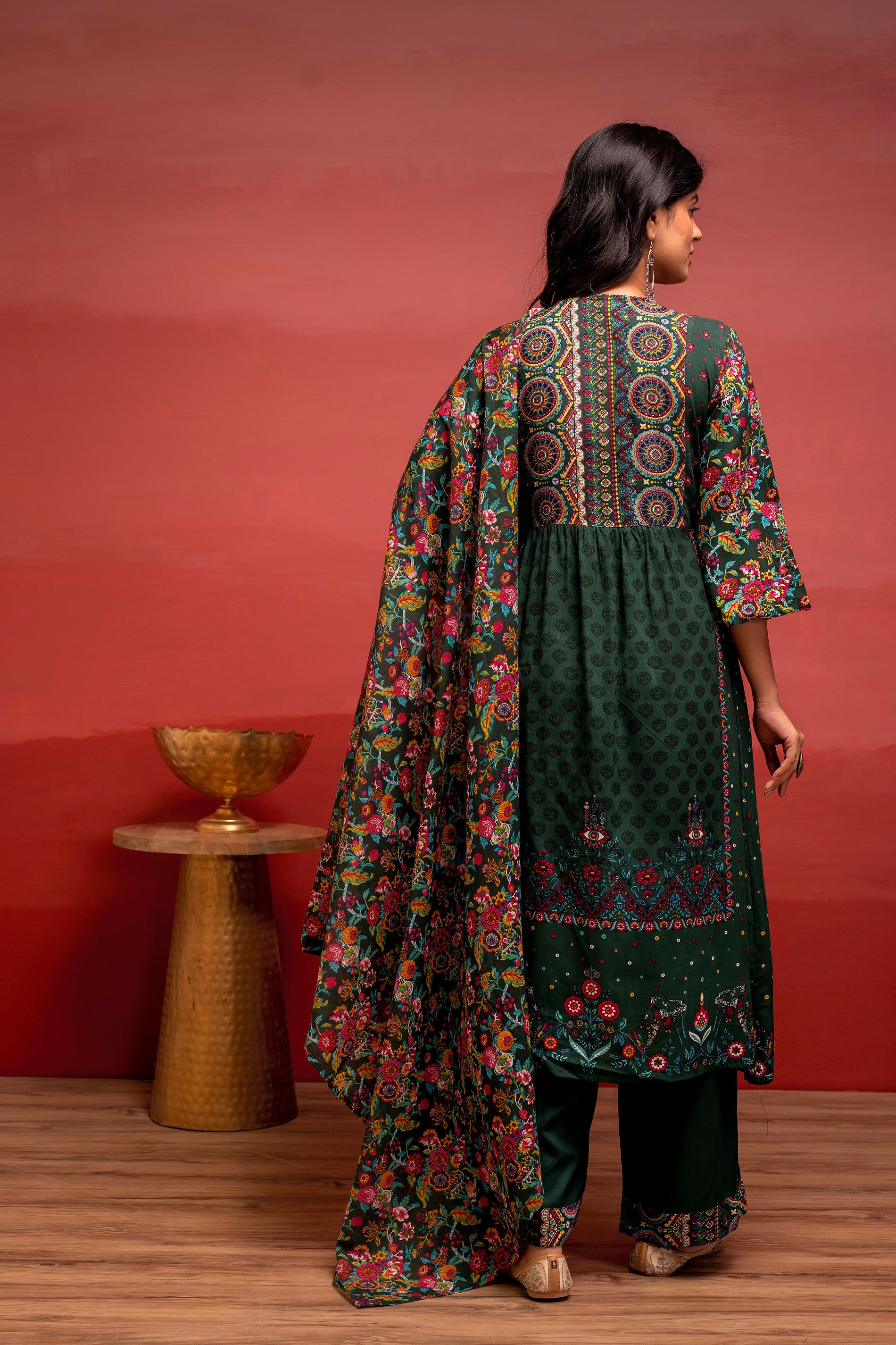 Bottlegreen Floral Viscose Kurta Pant Dupatta Set with Thread Work and Sequence