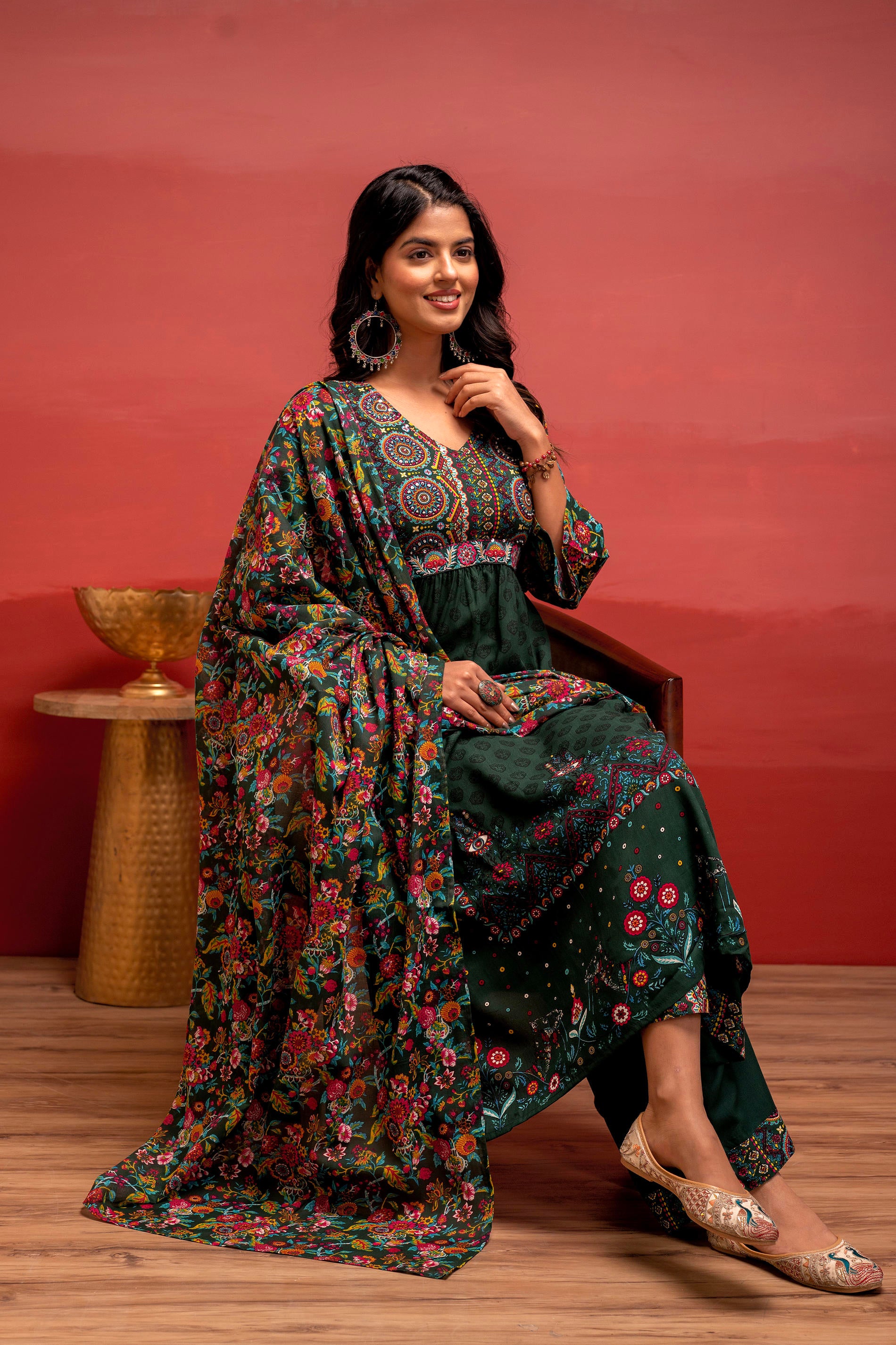Bottlegreen Floral Viscose Kurta Pant Dupatta Set with Thread Work and Sequence