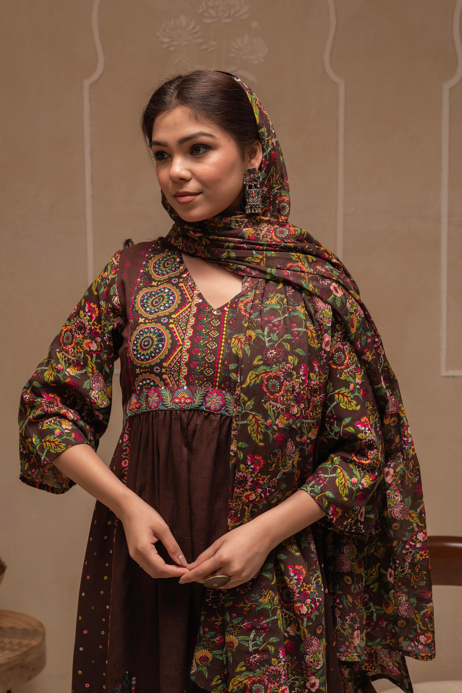 Brown Floral Viscose Kurta Pant Dupatta Set with Thread Work and Sequence