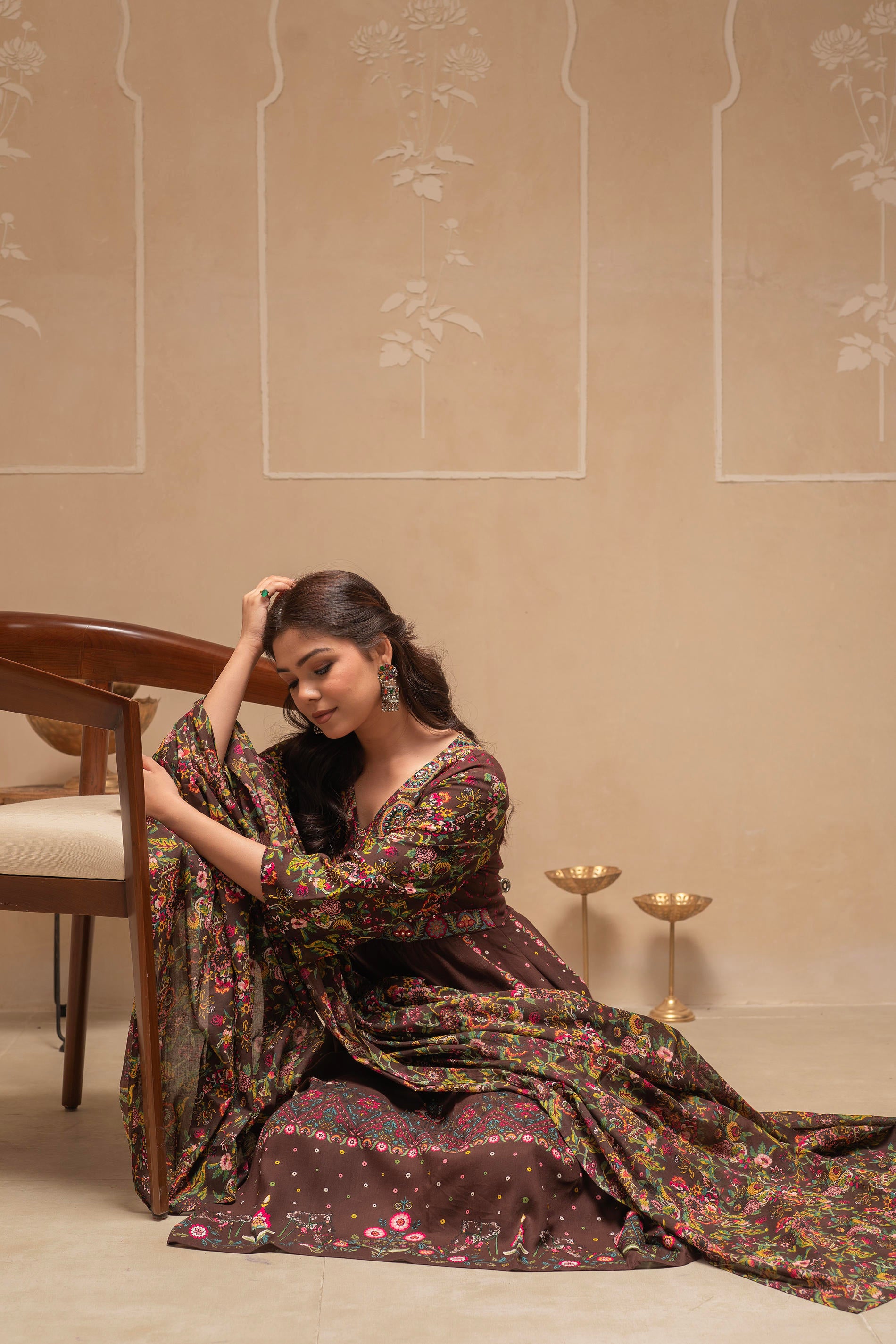 Brown Floral Viscose Kurta Pant Dupatta Set with Thread Work and Sequence