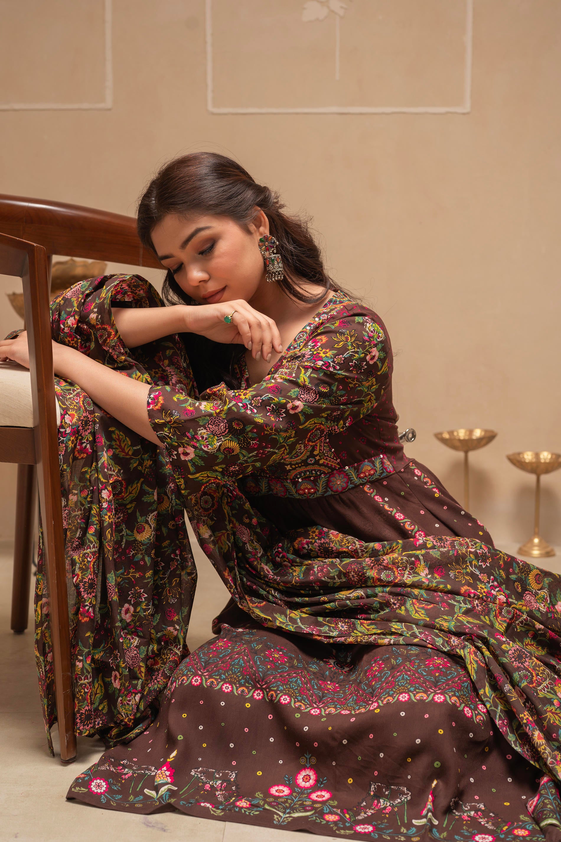 Brown Floral Viscose Kurta Pant Dupatta Set with Thread Work and Sequence