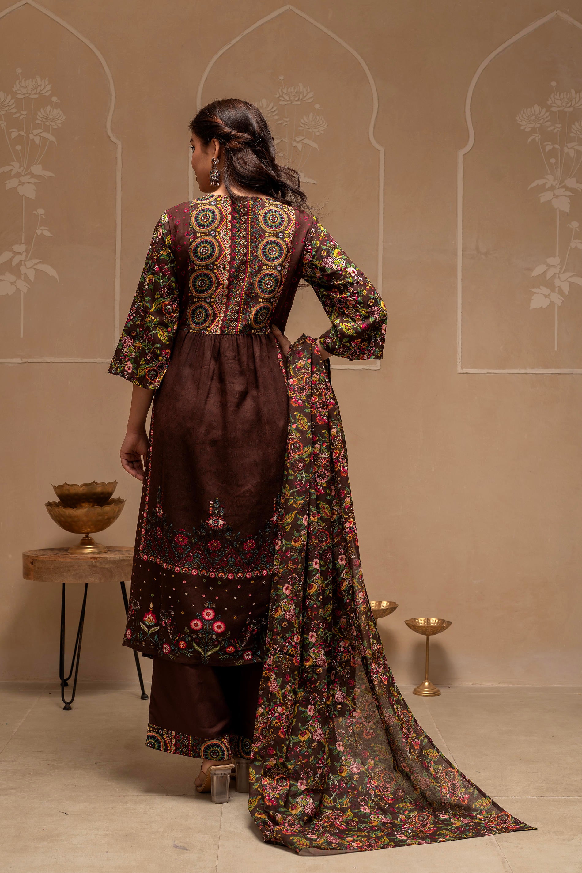 Brown Floral Viscose Kurta Pant Dupatta Set with Thread Work and Sequence