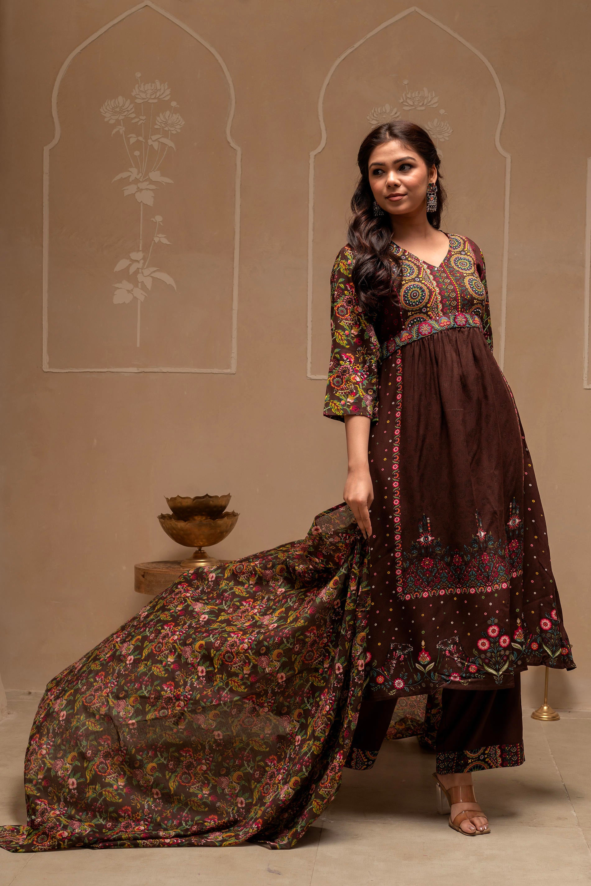 Brown Floral Viscose Kurta Pant Dupatta Set with Thread Work and Sequence