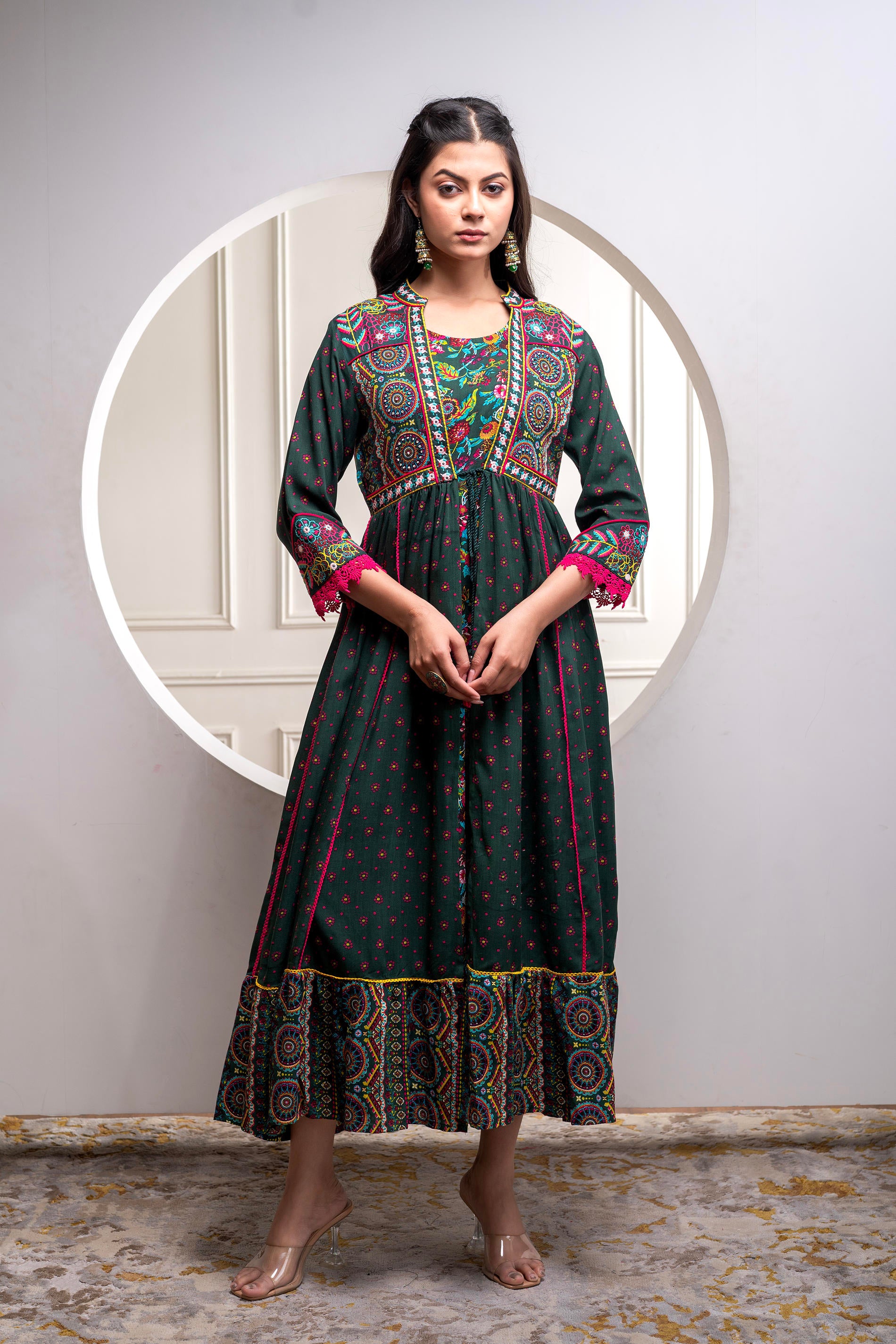 Viscose Bottle Green Embroidered Longdress and Shrug Set with Thared, Mirror Work & Beads