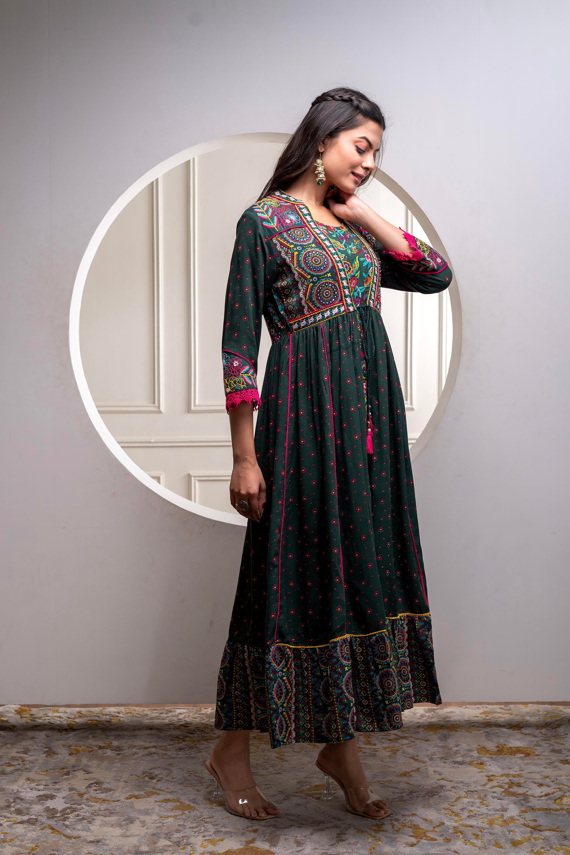 Viscose Bottle Green Embroidered Longdress and Shrug Set with Thread, Mirror Work & Beads