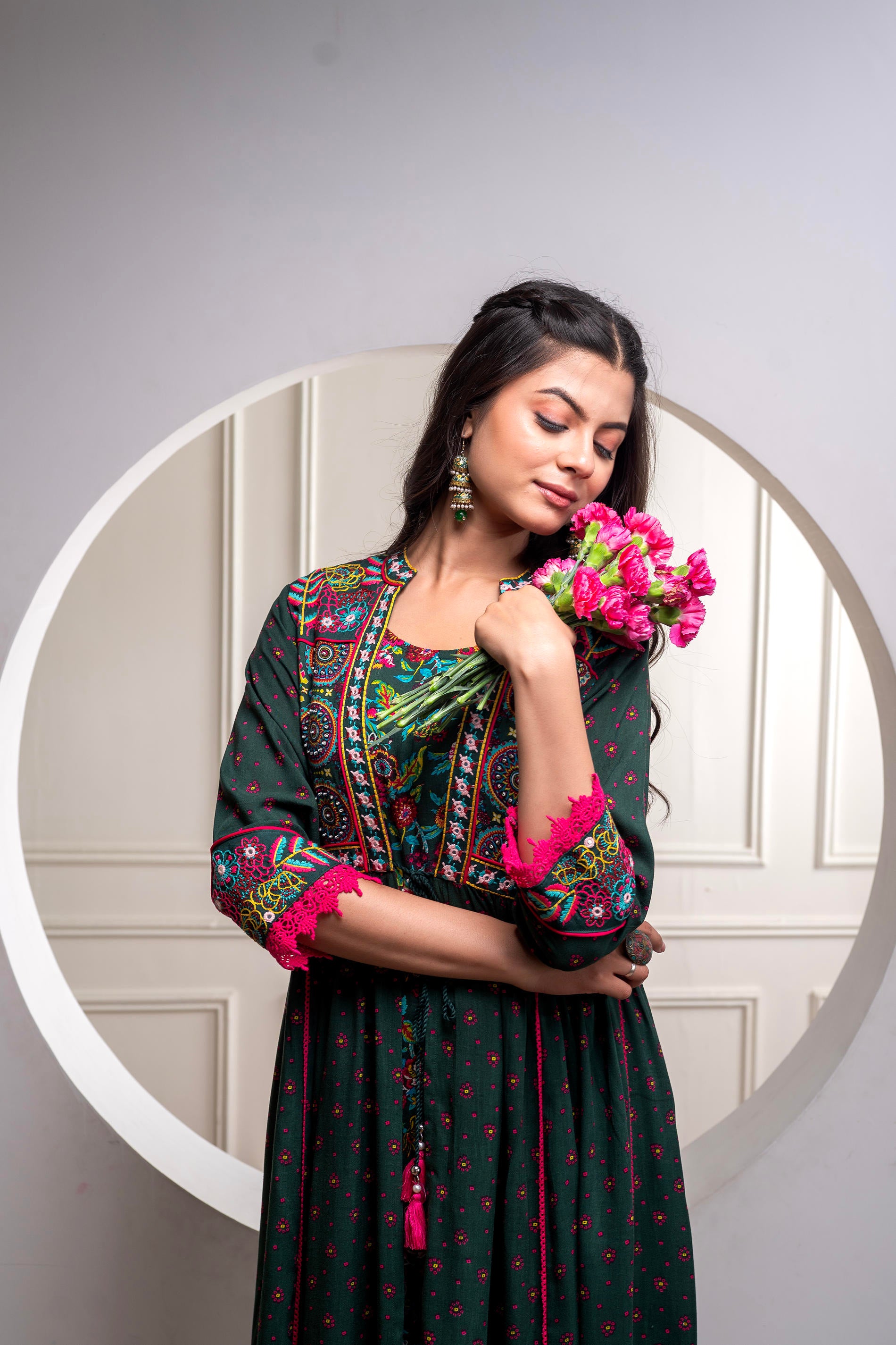 Viscose Bottle Green Embroidered Longdress and Shrug Set with Thared, Mirror Work & Beads