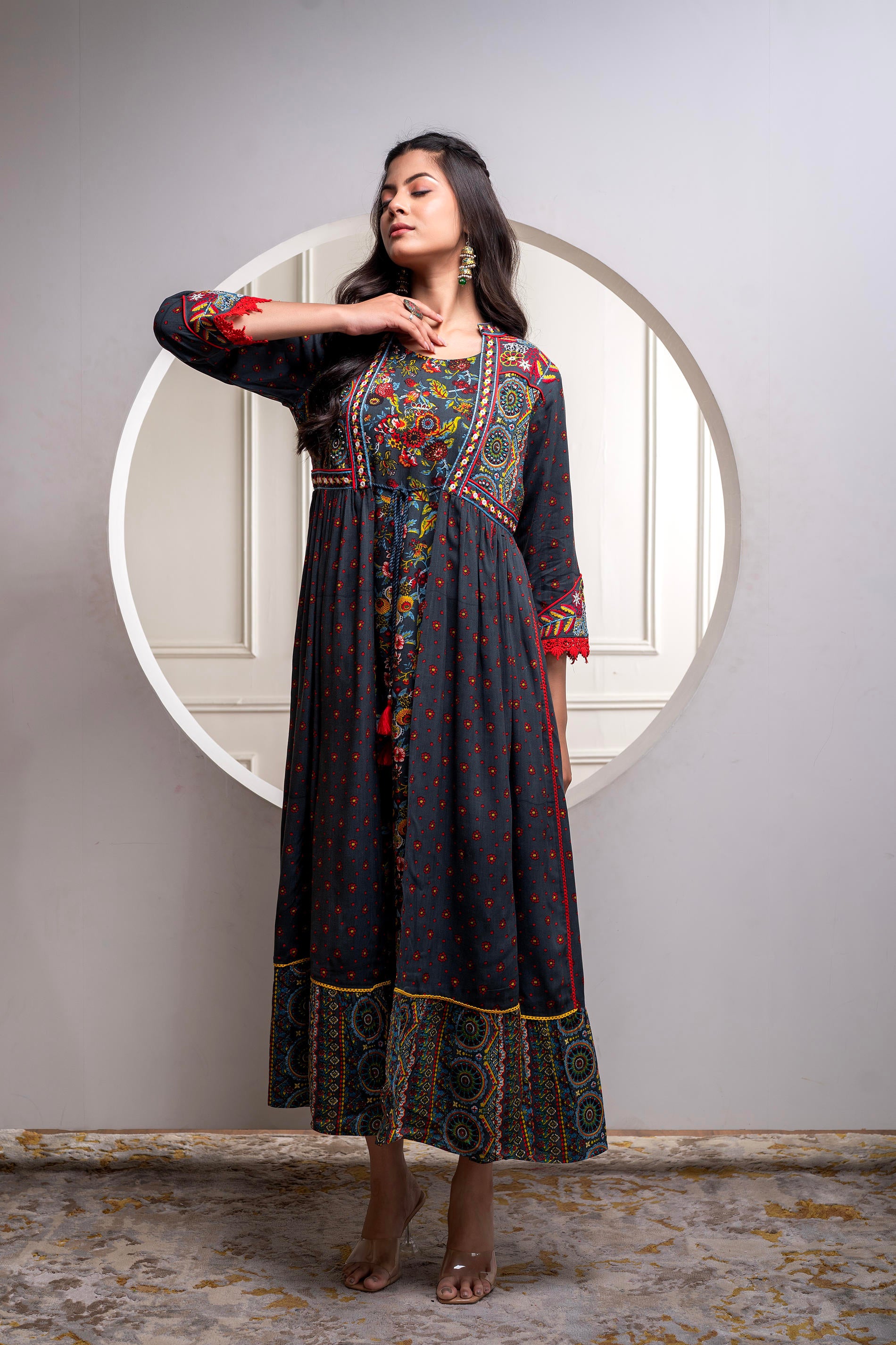 Viscose Grey Embroidered Longdress and Shrug Set with Thread, Mirror Work & Beads