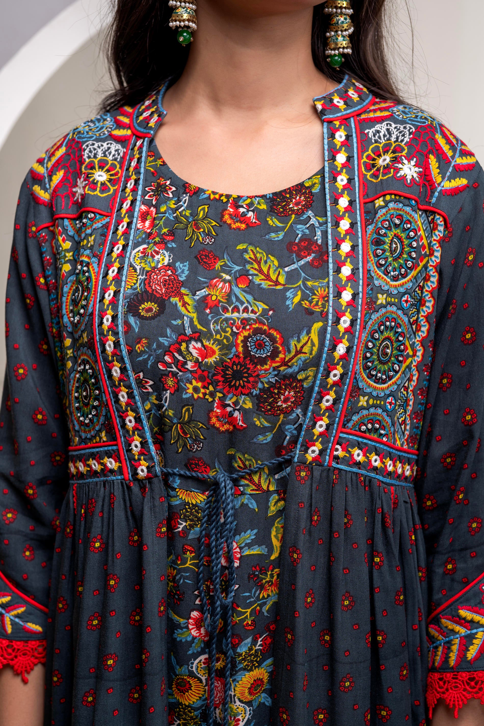 Viscose Grey Embroidered Longdress and Shrug Set with Thared, Mirror Work & Beads