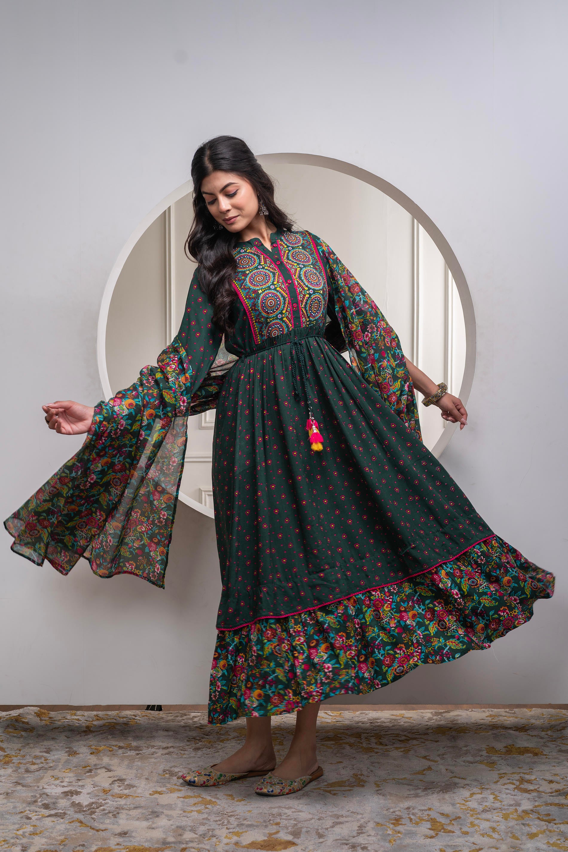 Bottlegreen Floral Viscose Longdress with Dupatta and Dori, Sequence & Lace Work