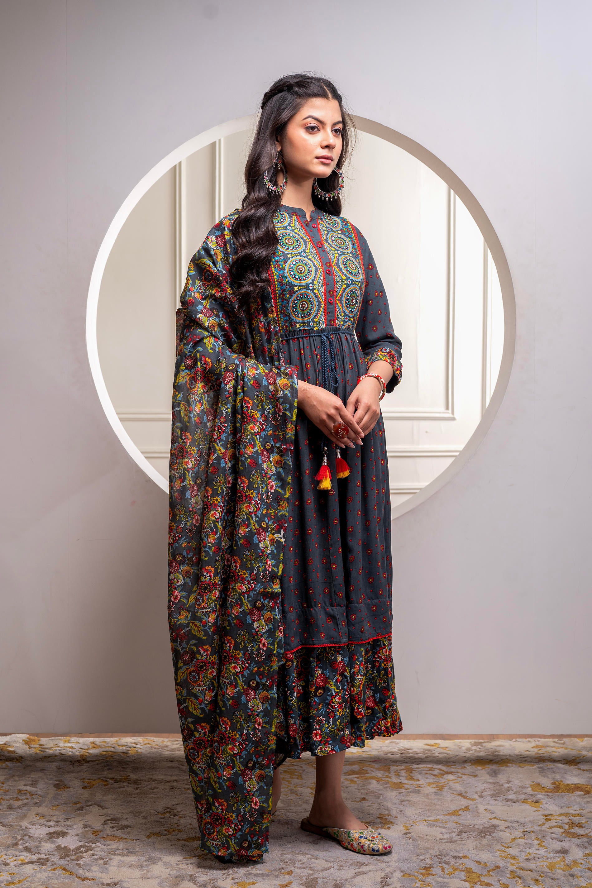 Grey Floral Viscose Longdress with Dupatta and Dori, Sequence & Lace Work
