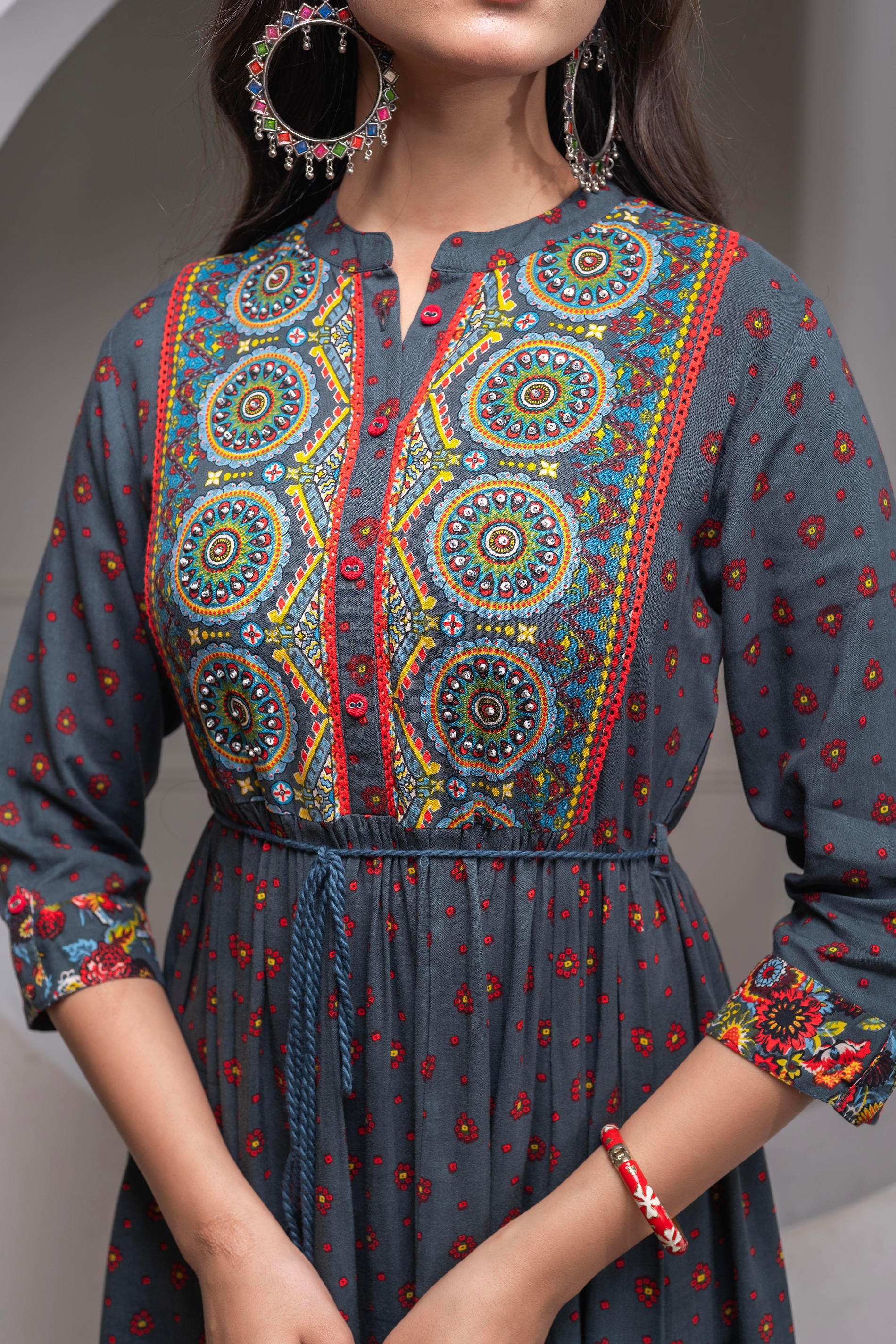 Grey Floral Viscose Longdress with Dupatta and Dori, Sequence & Lace Work