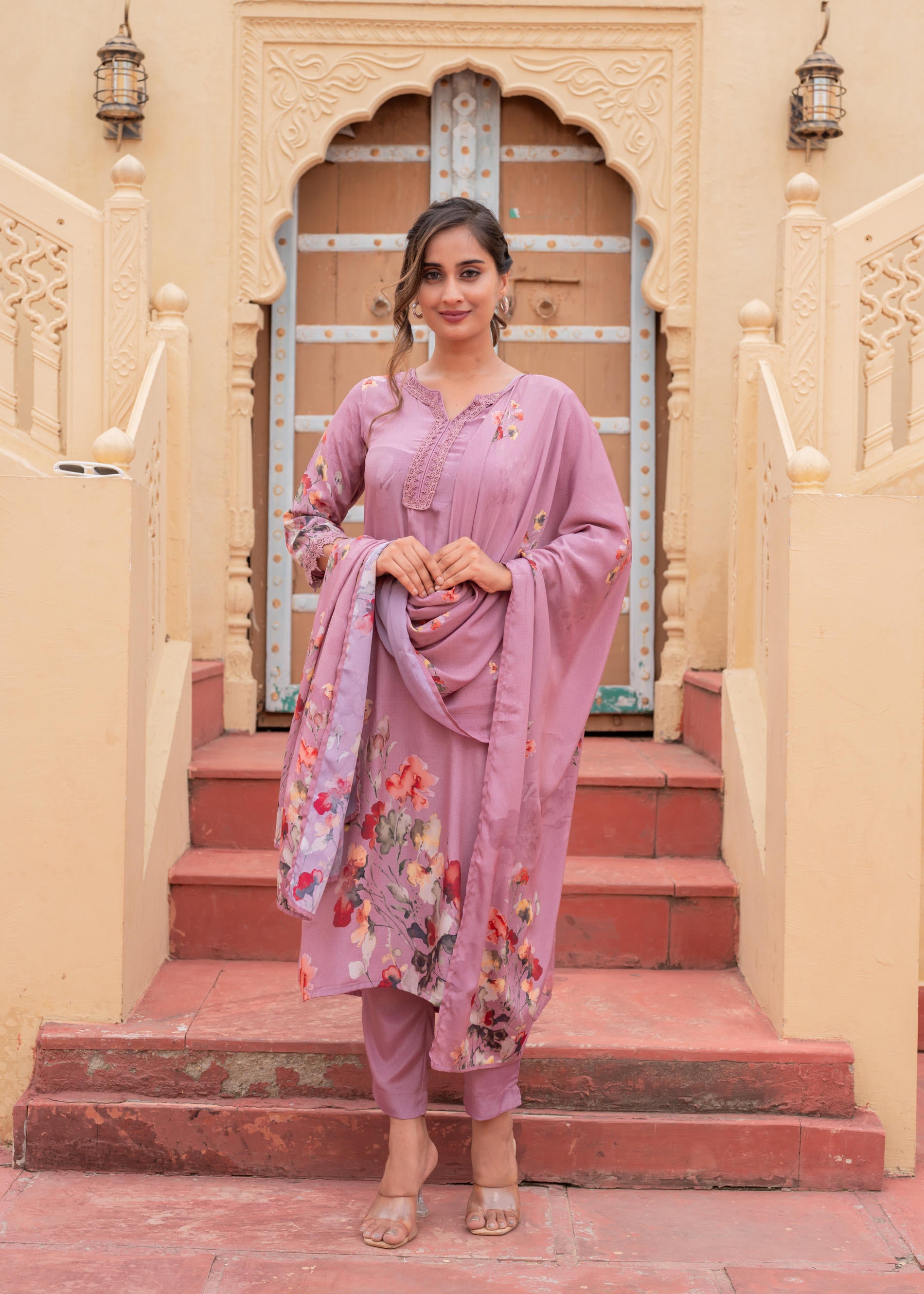 Mauve Manmade Fiber Floral Printed Kurta With Pants & Dupatta Set With Lace Work