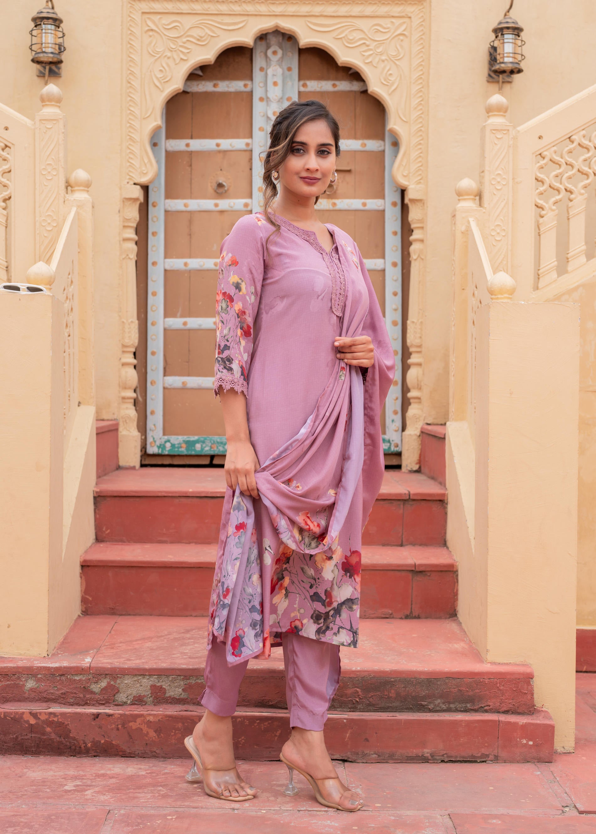 Mauve Manmade Fiber Floral Printed Kurta With Pants & Dupatta Set With Lace Work