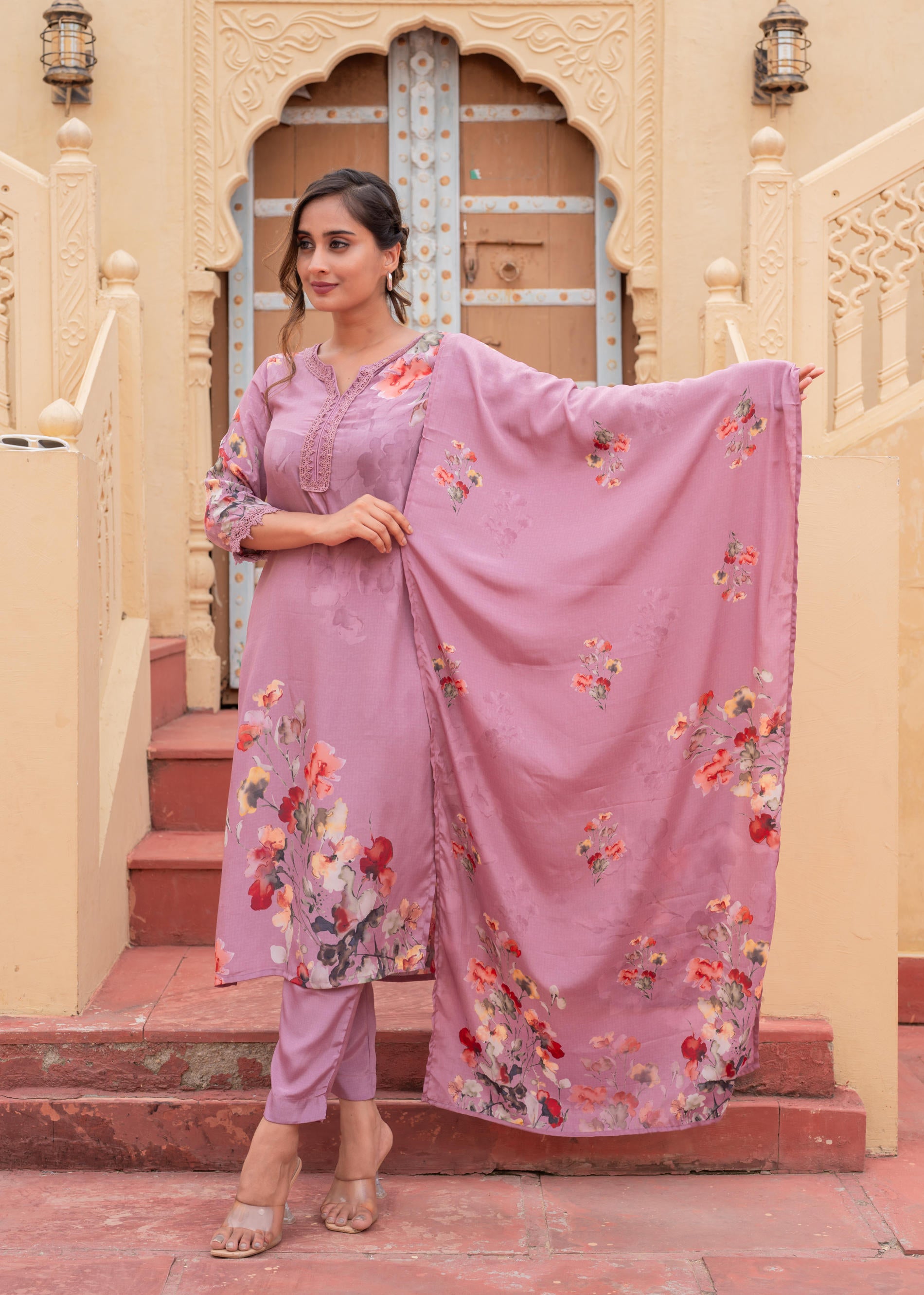 Mauve Manmade Fiber Floral Printed Kurta With Pants & Dupatta Set With Lace Work