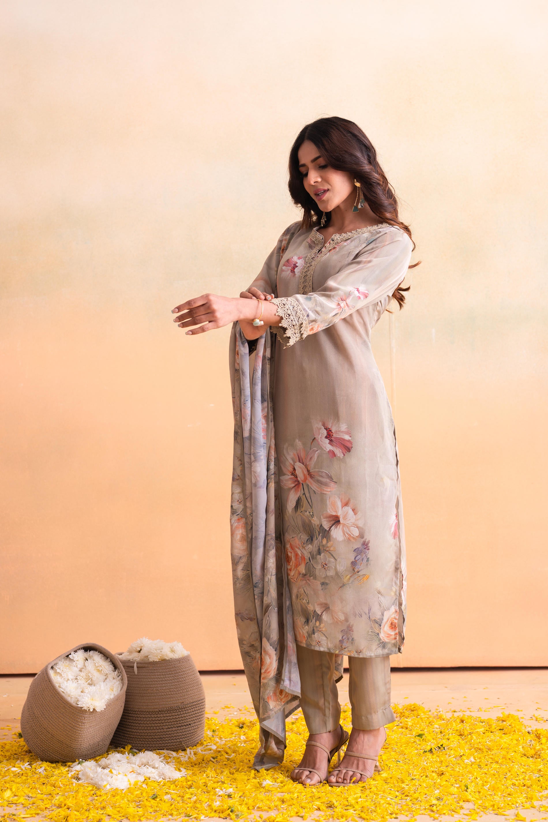 Beige Floral Embellished A-Line Kurta Pant and Dupatta Set with Beads & Sequence Work