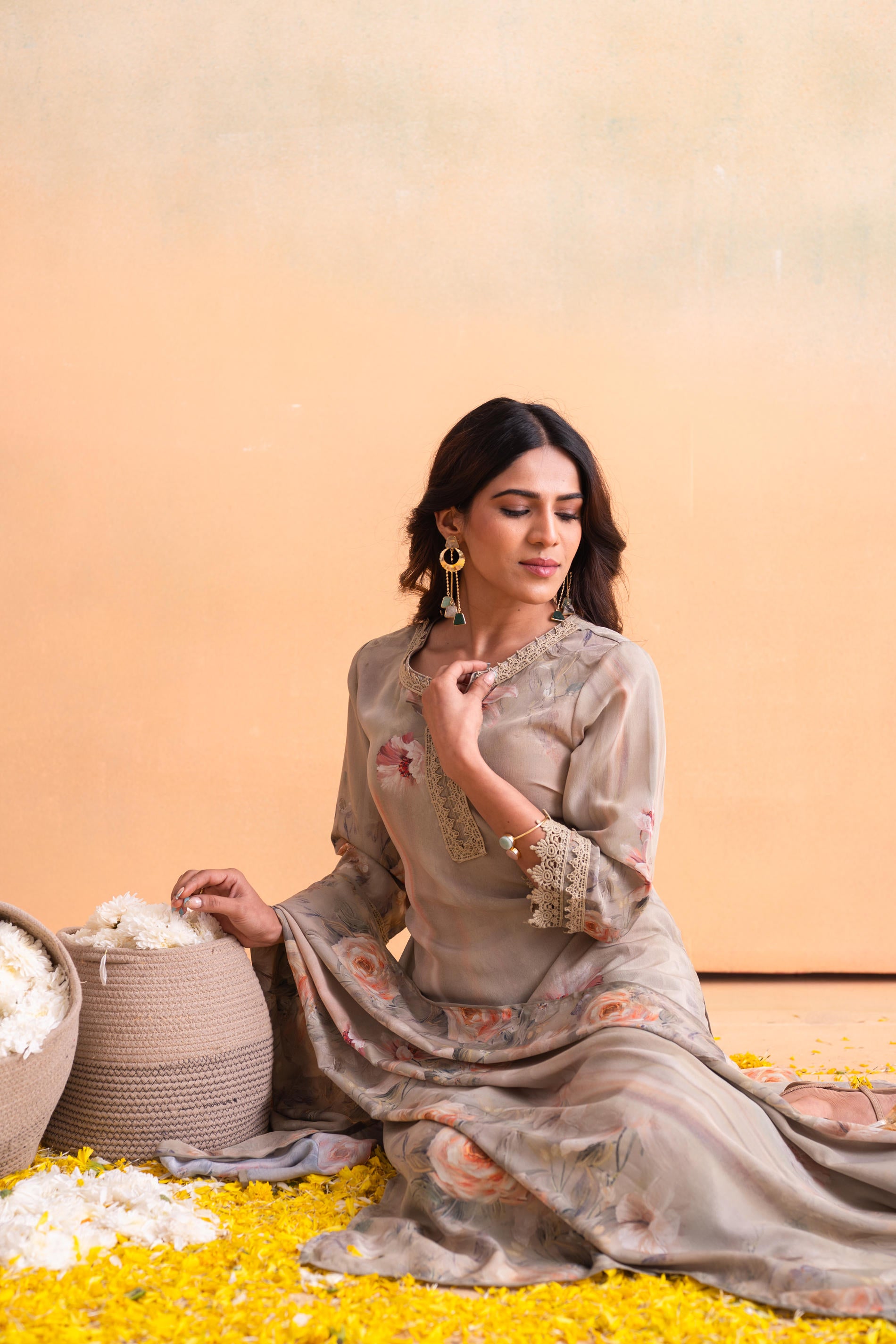 Beige Floral Embellished A-Line Kurta Pant and Dupatta Set with Beads & Sequence Work