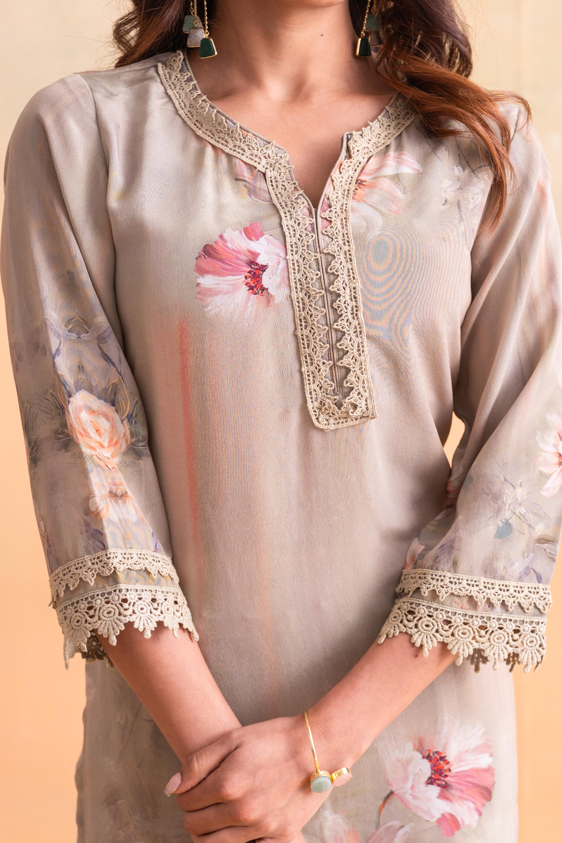 Beige Floral Embellished A-Line Kurta Pant and Dupatta Set with Beads & Sequence Work