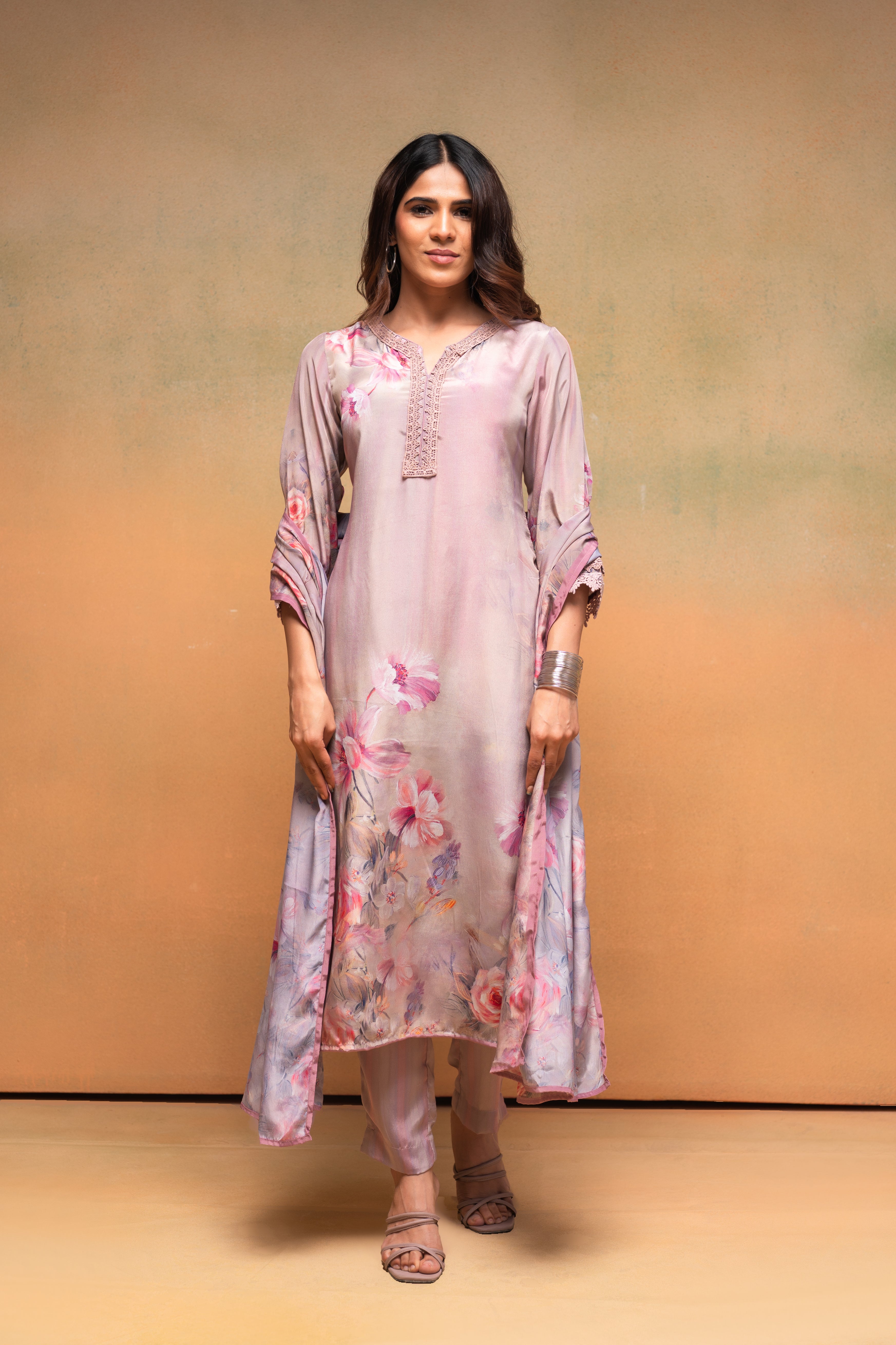 Pink Floral Embellished A-Line Kurta Pant and Dupatta Set with Beads & Sequence Work