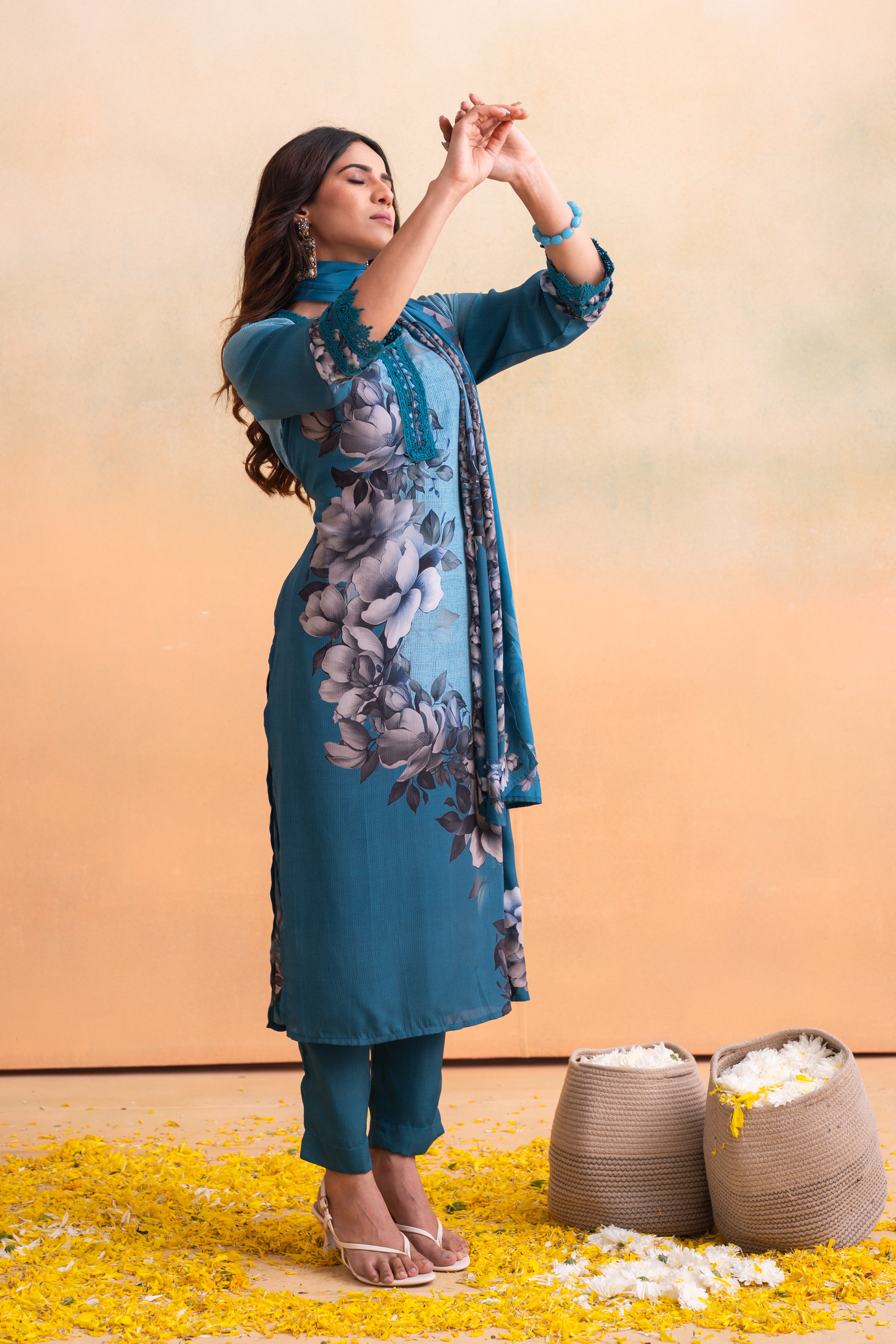 Blue Manmade Fiber Floral Printed Kurta With Pants & Dupatta Set With Lace Work