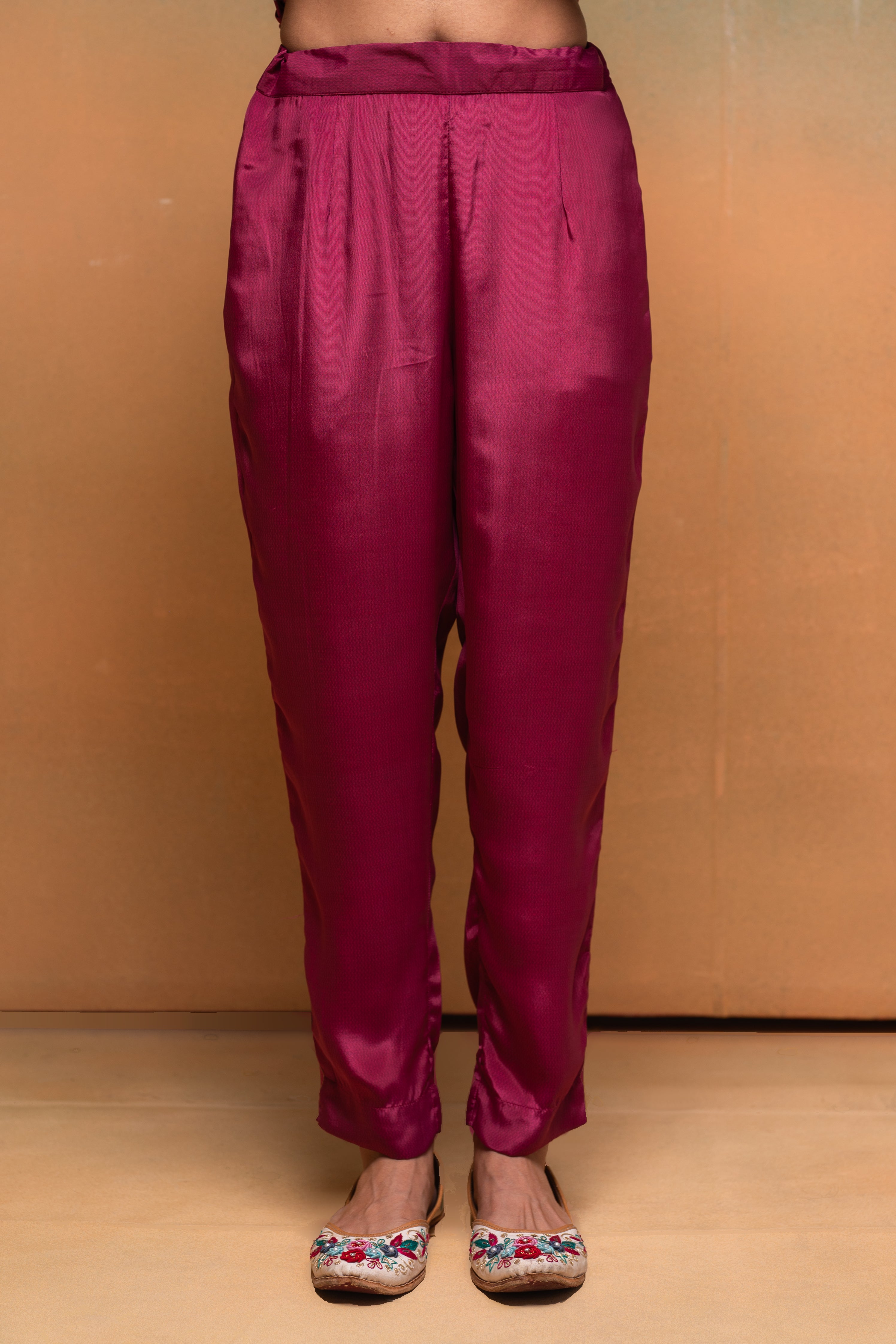 Magenta Manmade Fiber Floral Printed Kurta With Pants & Dupatta Set With Lace Work