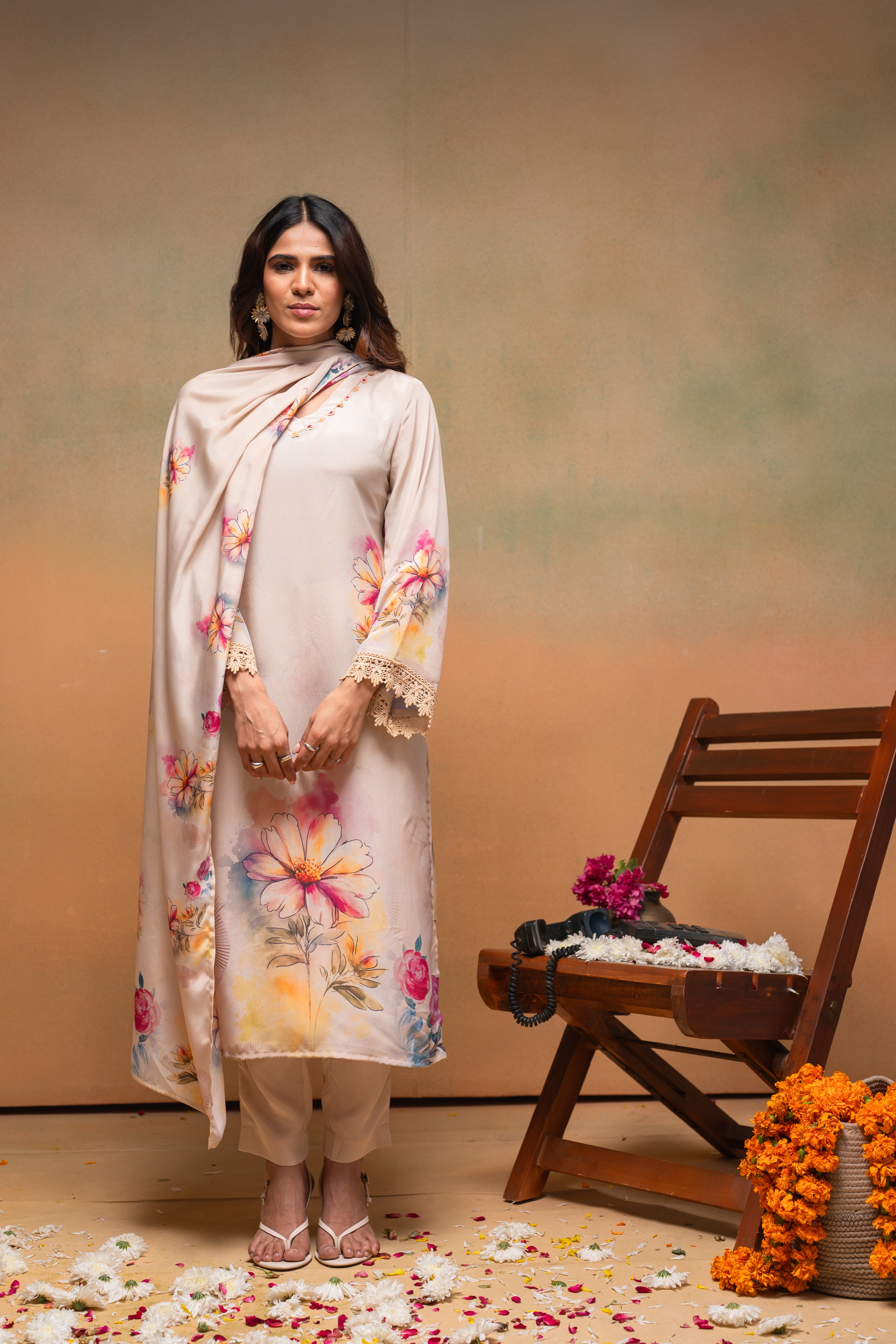 Beige Floral Printed Kurta With Pants & Dupatta
