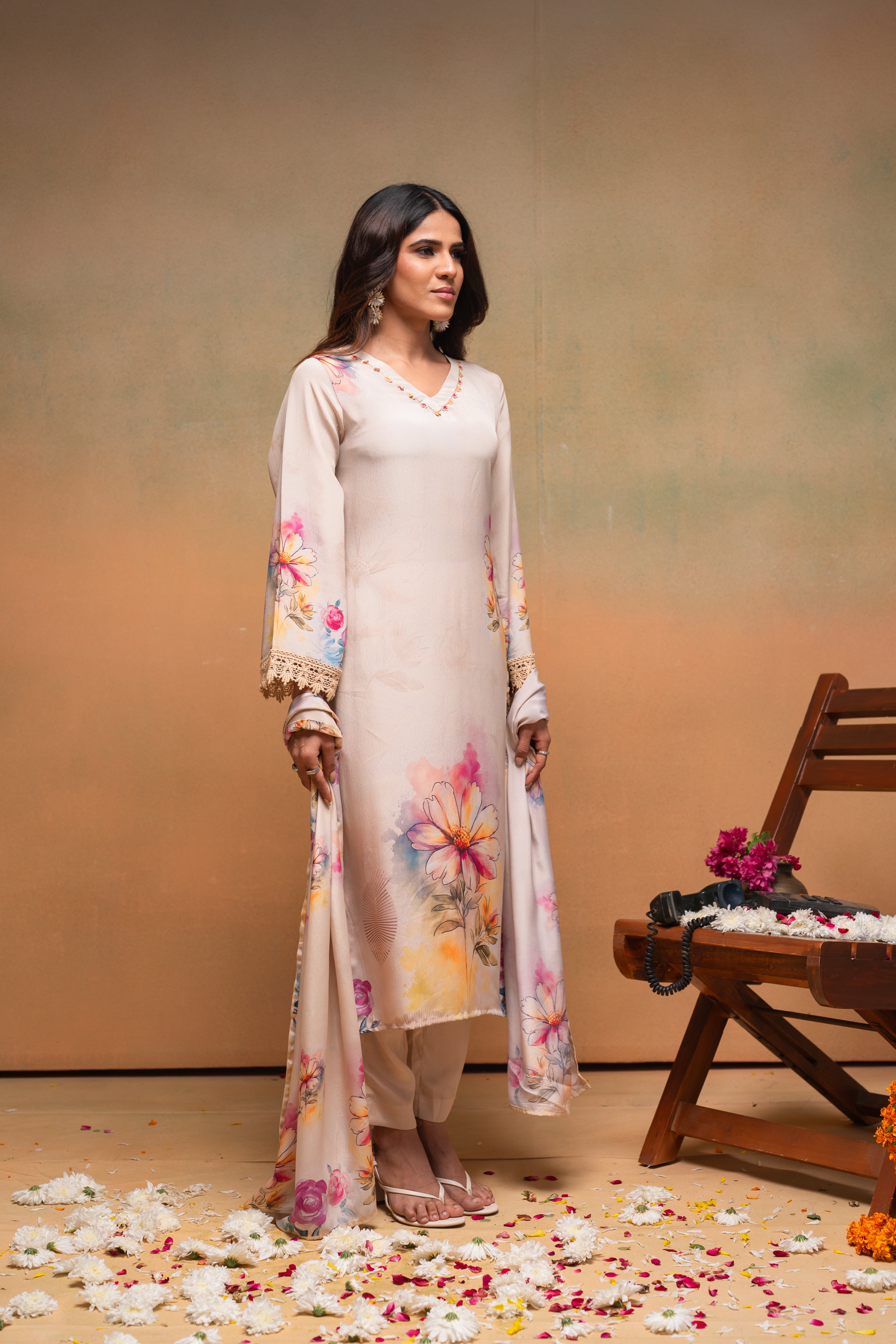 Beige Floral Printed Kurta With Pants & Dupatta
