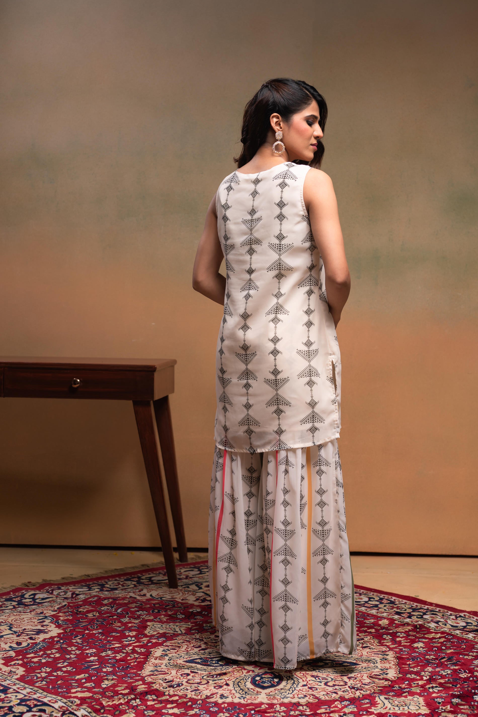 Ivory Manmade Fiber Floral Embellished Kurta With Sharara & Dupatta Set With Beads Work