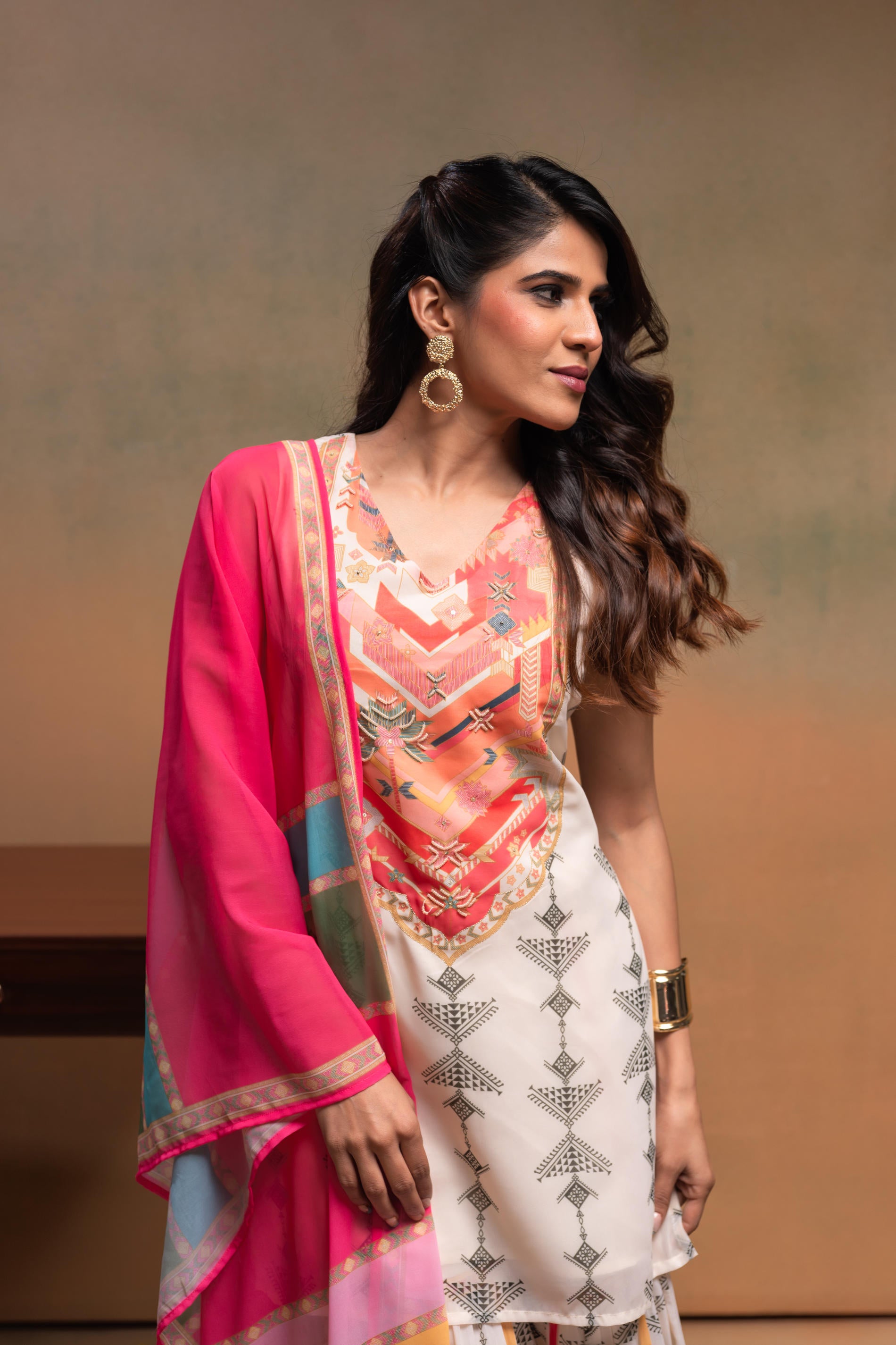 Ivory Manmade Fiber Floral Embellished Kurta With Sharara & Dupatta Set With Beads Work