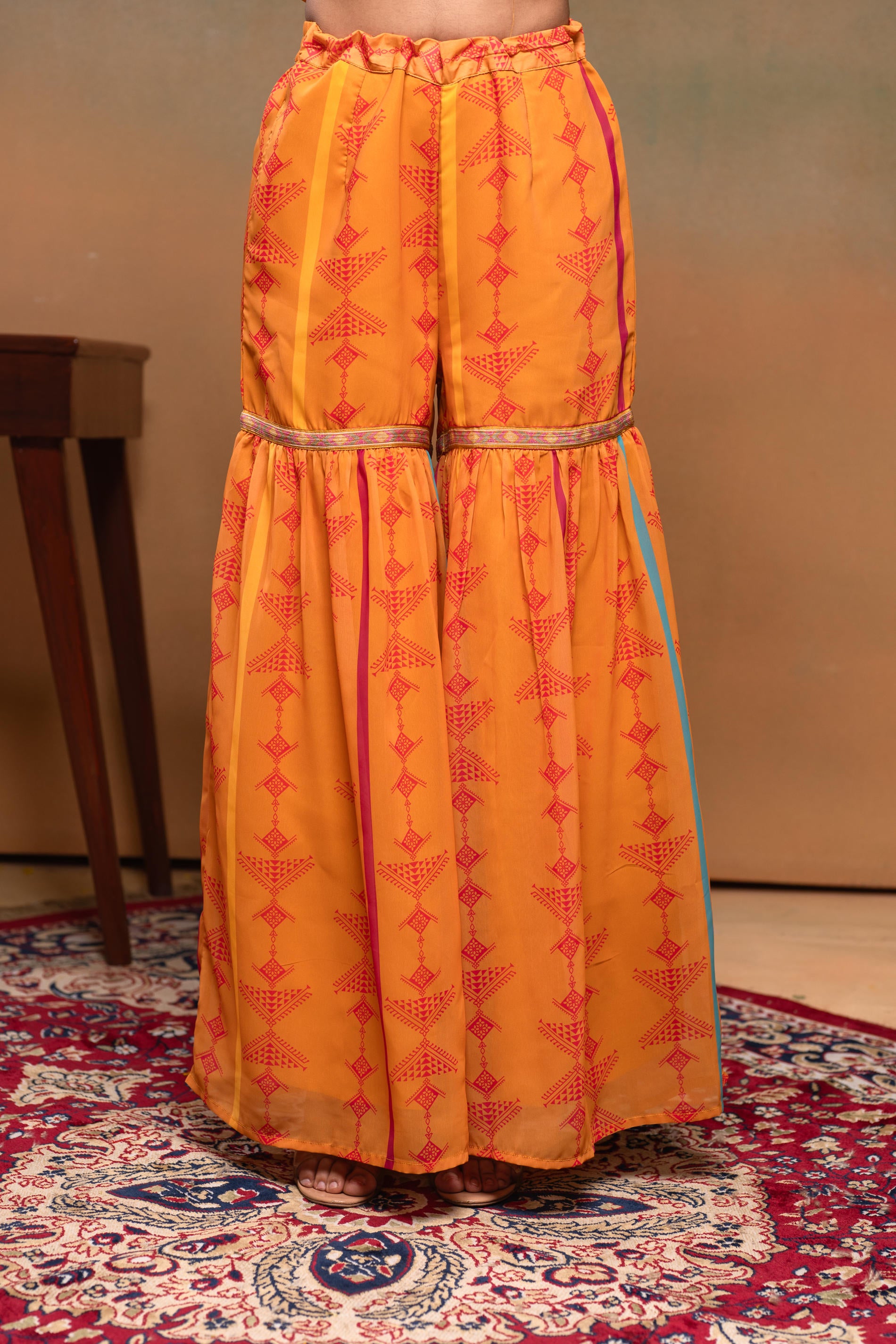 Mustard Manmade Fiber Floral Embellished Kurta With Sharara & Dupatta Set With Beads Work