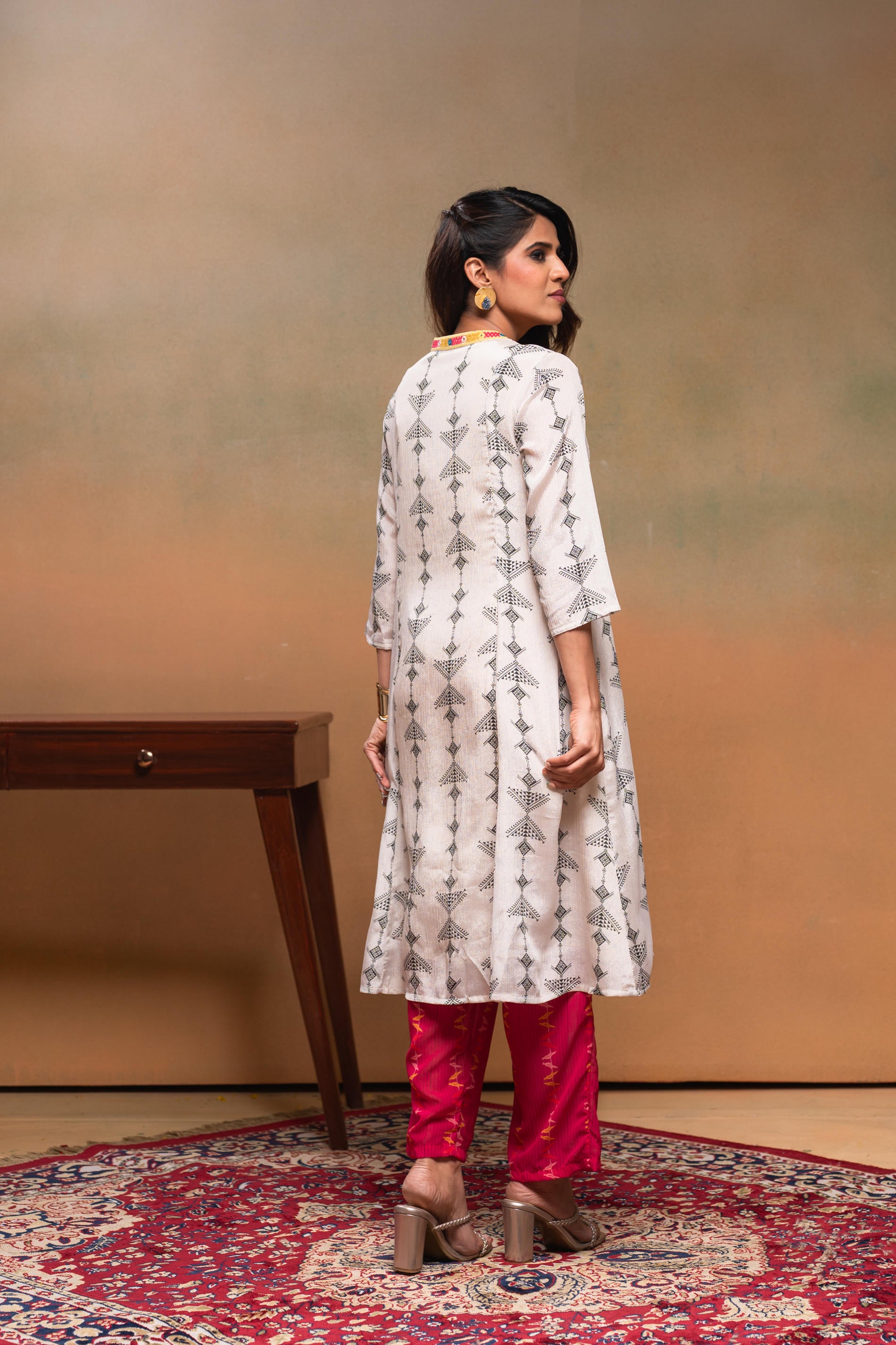 Ivory Manmade Fiber Ethnic A-Line Kurta With Pants & Dupatta Set With Mirror & Thread Work