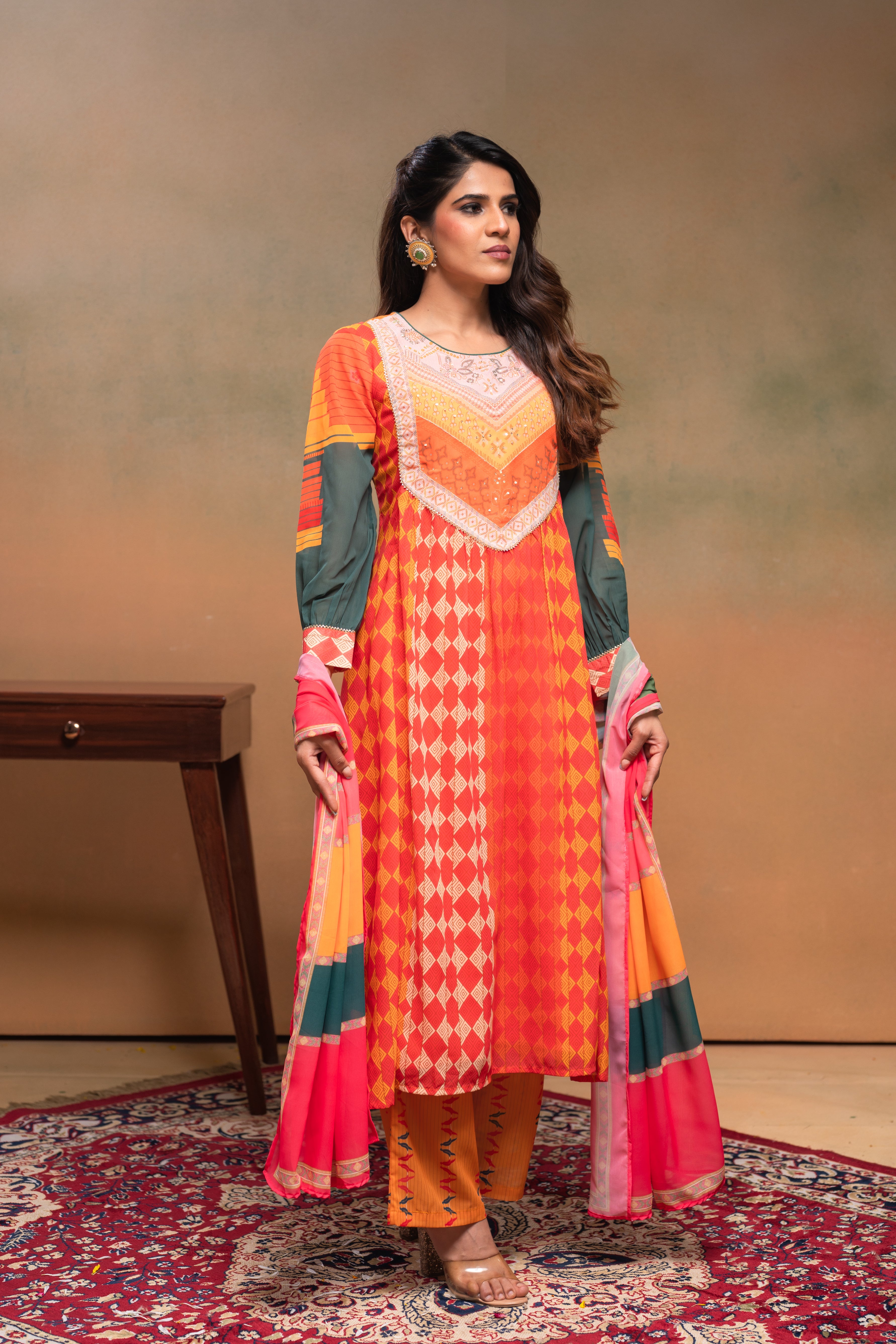 Orange Manmade Fiber Ethnic Gathered Flared Kurta With Pants & Dupatta Set With Beads & Sequence Work