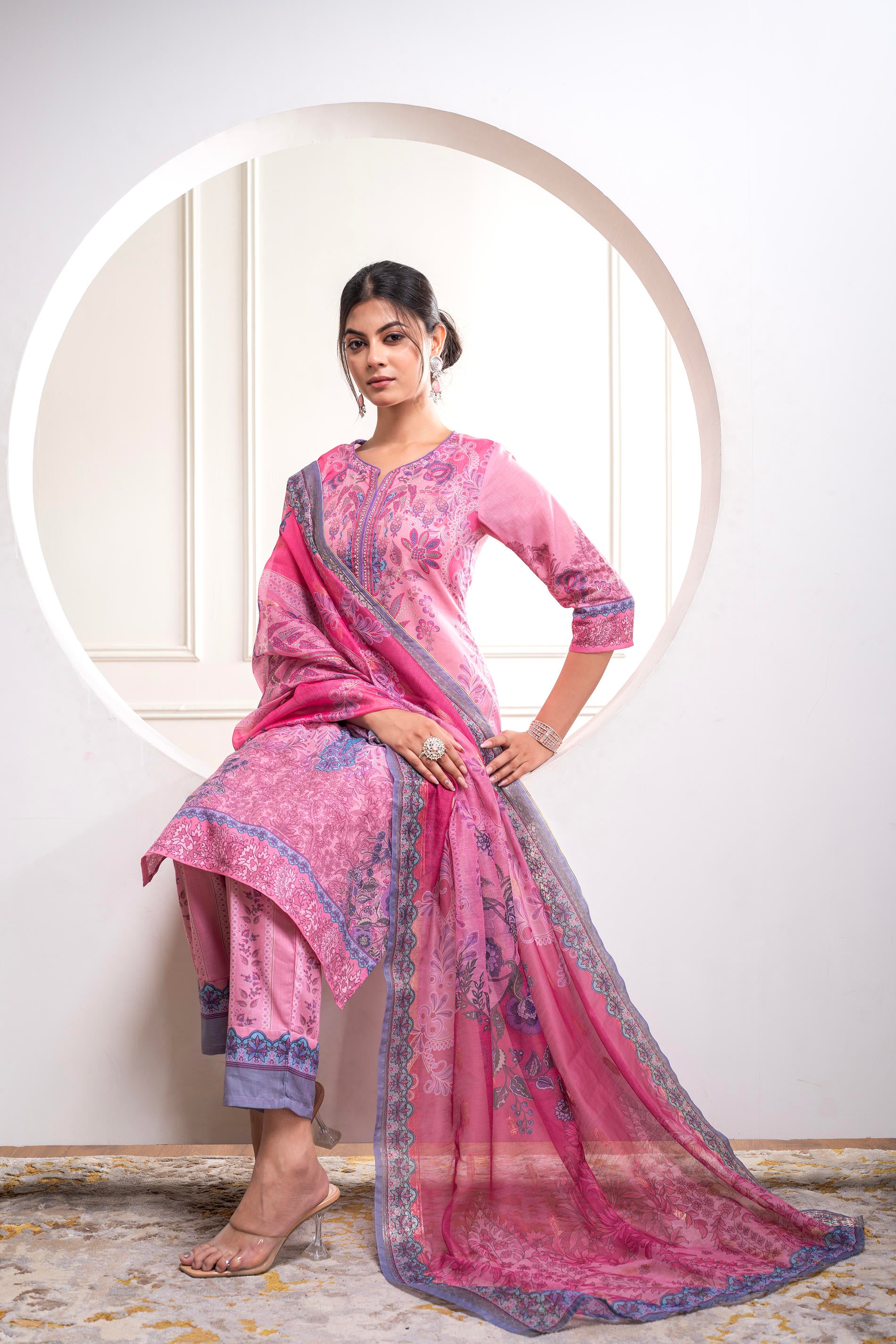 Lavender Floral Printed Kurta with Pant and Dupatta, Sequence & Beads Work
