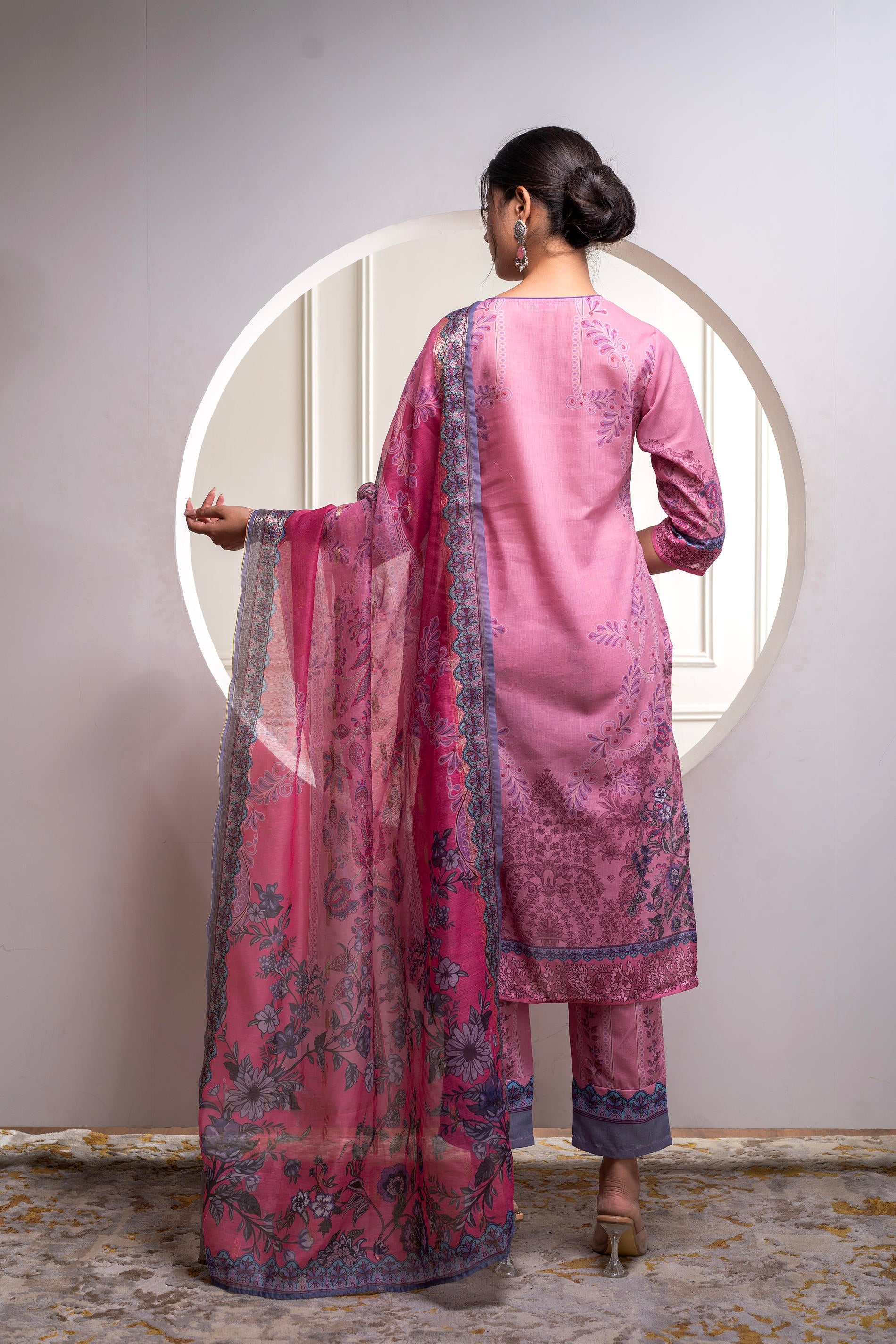 Lavender Floral Printed Kurta with Pant and Dupatta, Sequence & Beads Work