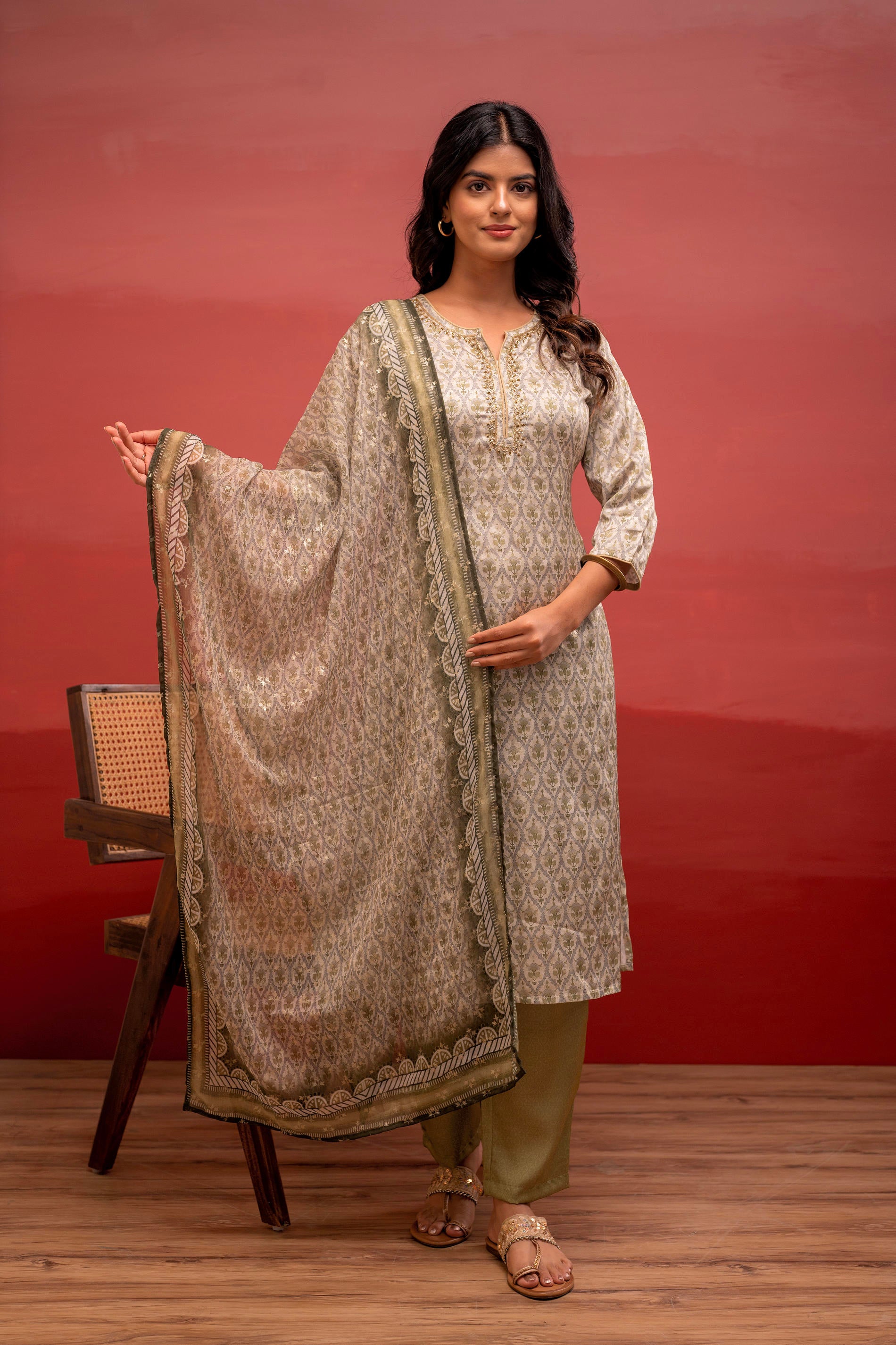 Green Floral Printed Kurta with Pant and Dupatta, Beads Work