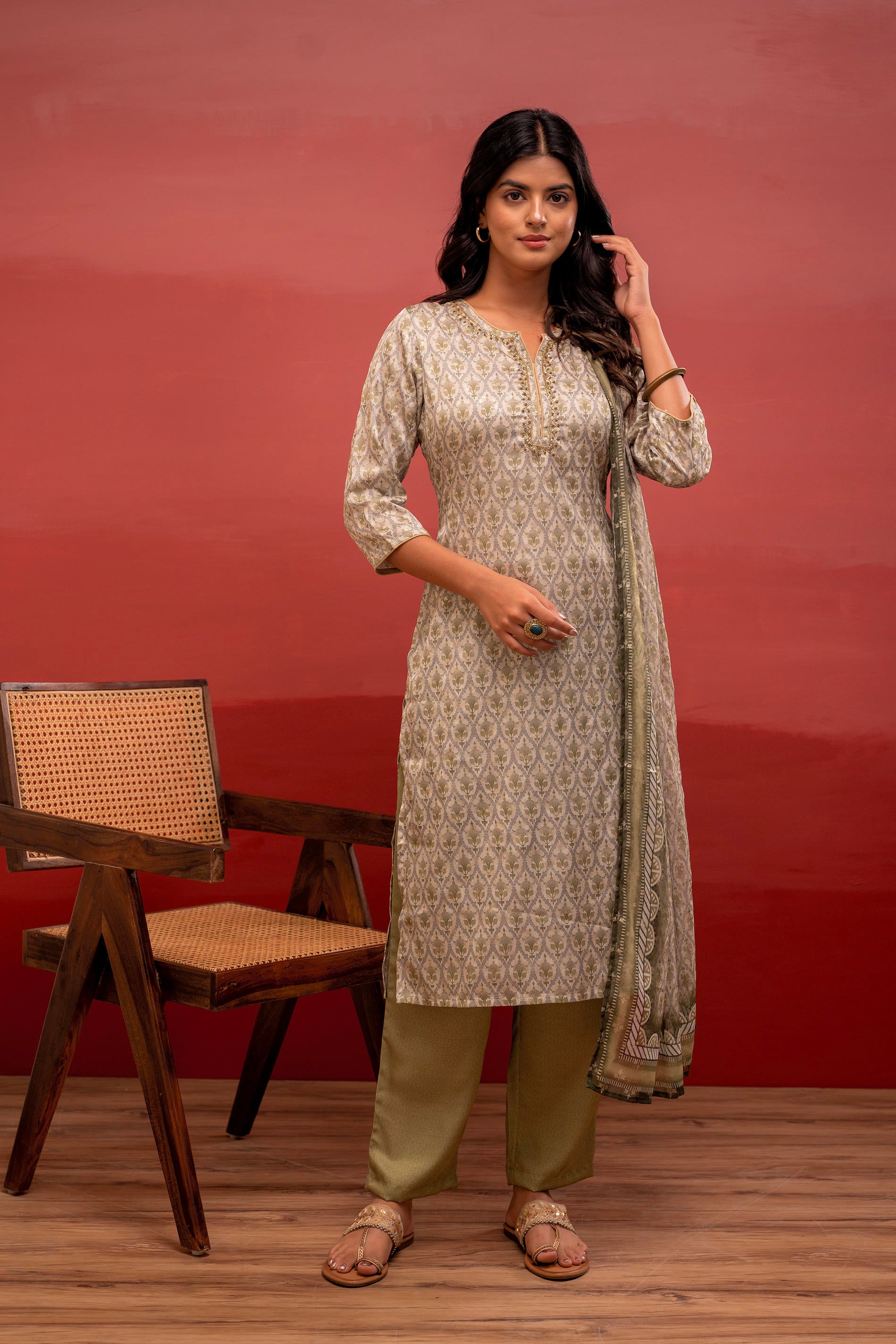 Green Floral Printed Kurta with Pant and Dupatta, Beads Work