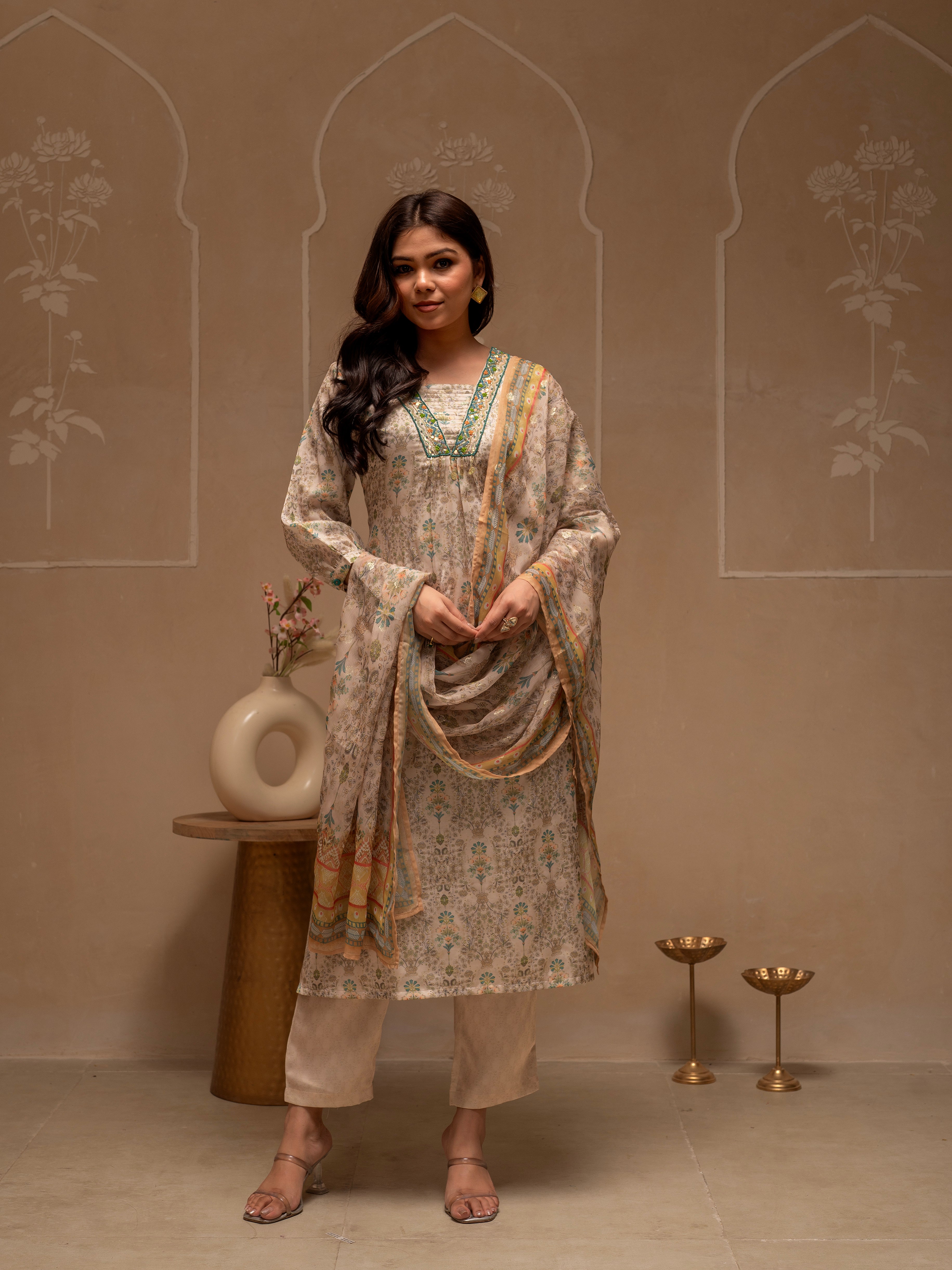 Manmade Fiber Ivory Embellished Kurta Pant Dupatta Set with Floral & Ethnic Motifs