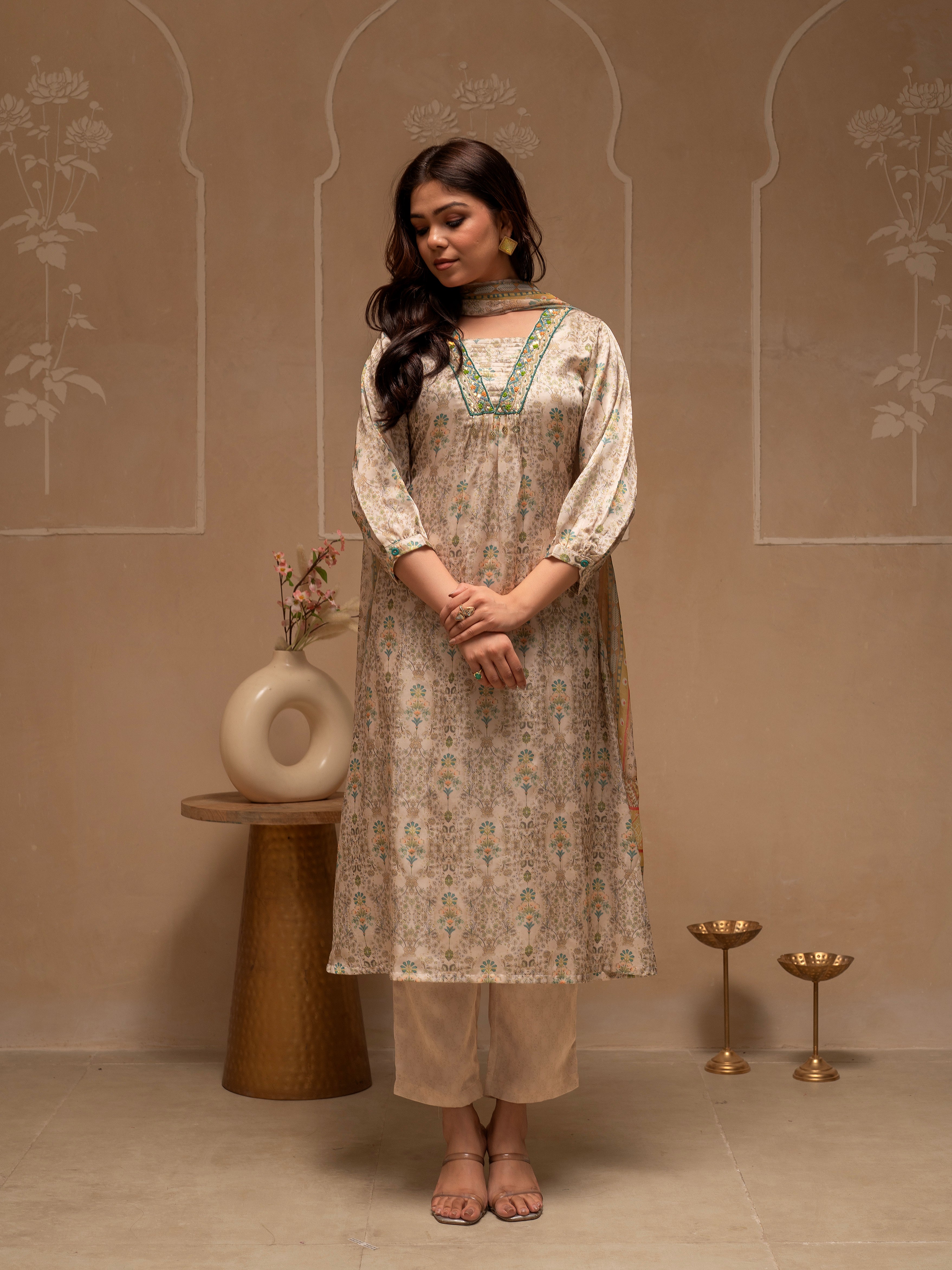 Manmade Fiber Ivory Embellished Kurta Pant Dupatta Set with Floral & Ethnic Motifs